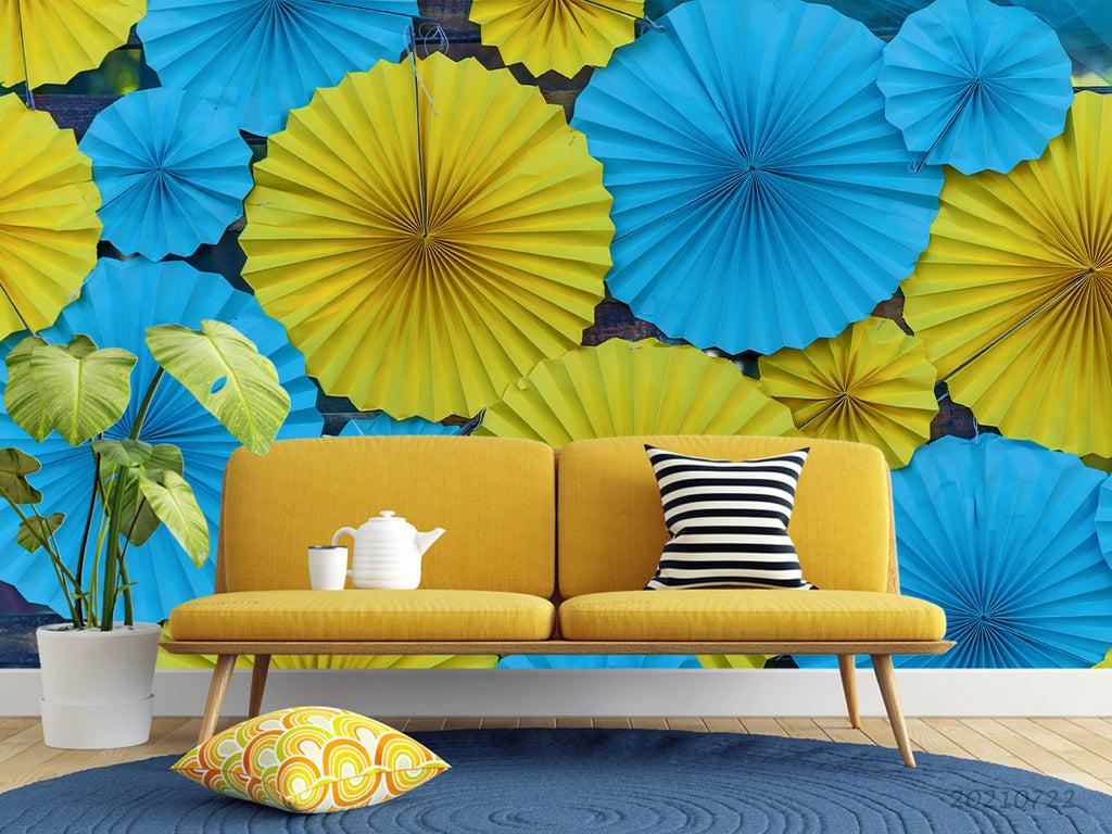 1024x768 3D Yellow Blue Paper Umbrella Texture Wall Mural Wallpaper LQH 652