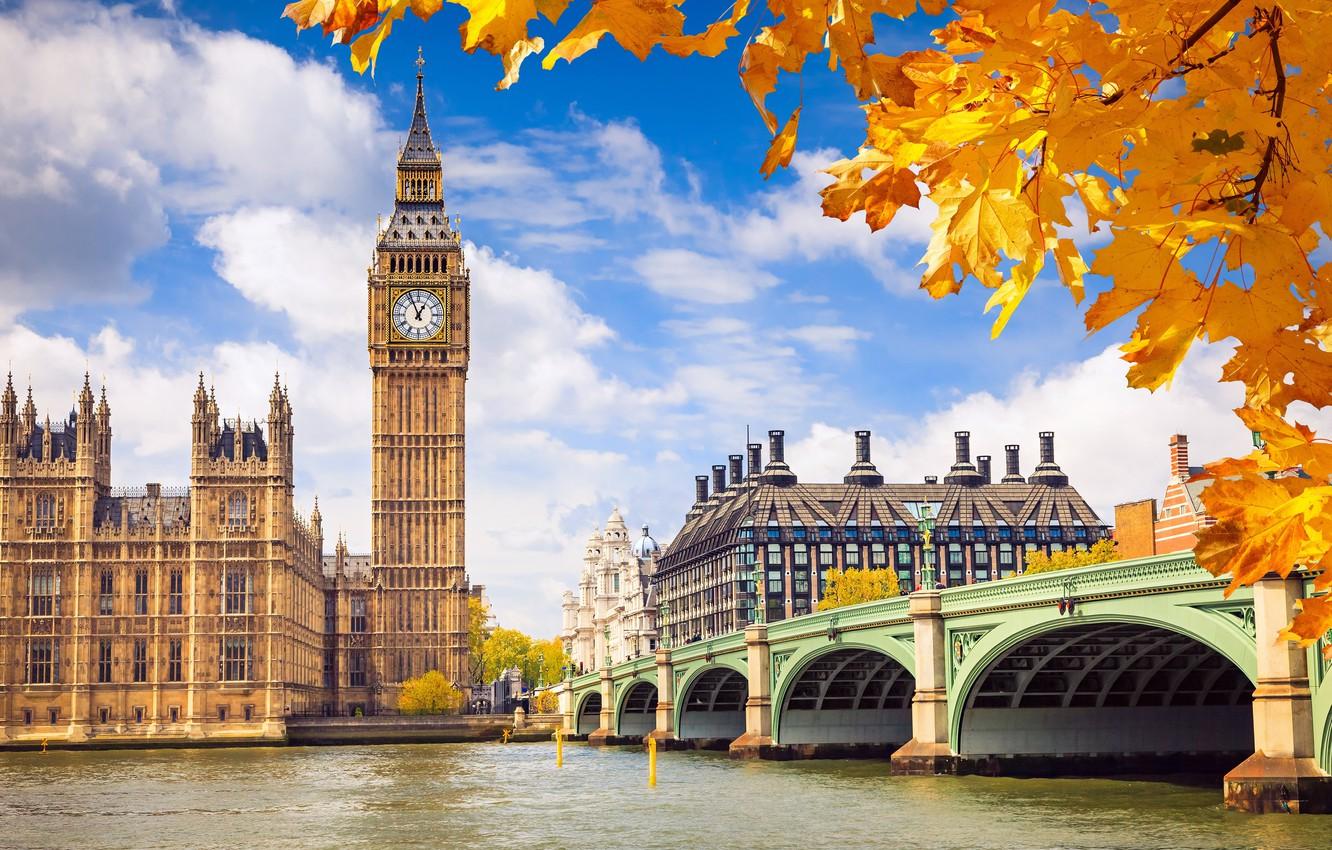 1332x850 Wallpaper autumn, the sky, leaves, clouds, bridge, river, background, England, London, building, yellow, UK, Thames, Big Ben, architecture, The Palace of Westminster image for desktop, section город