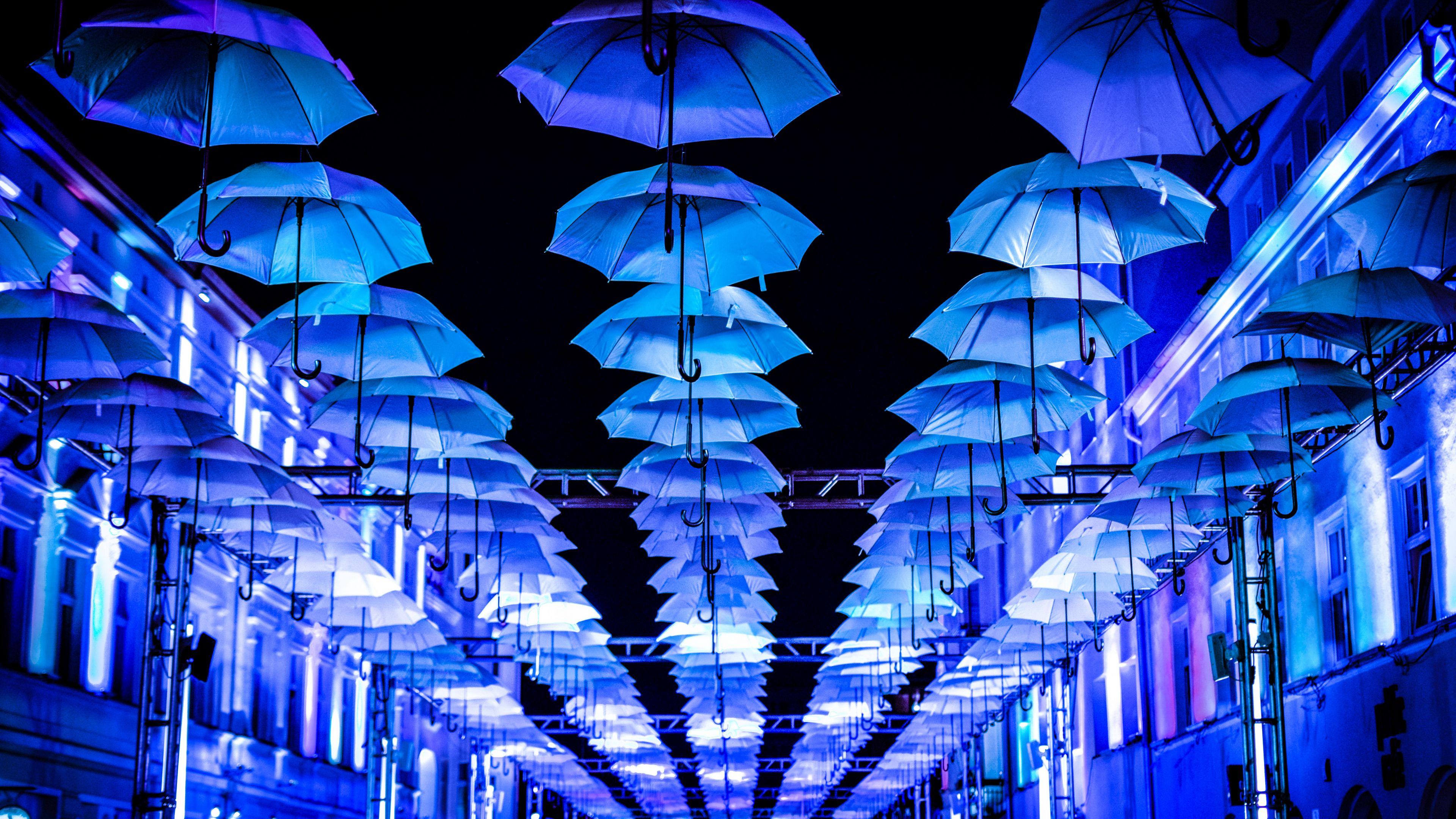 3840x2160 Wallpaper / umbrellas, scenery, street, illumination, lights, 4k free download