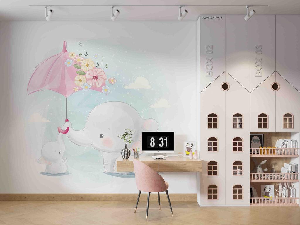 1024x768 3D Cartoon Elephant Umbrella Floral Wall Mural Wallpaper GD 4760