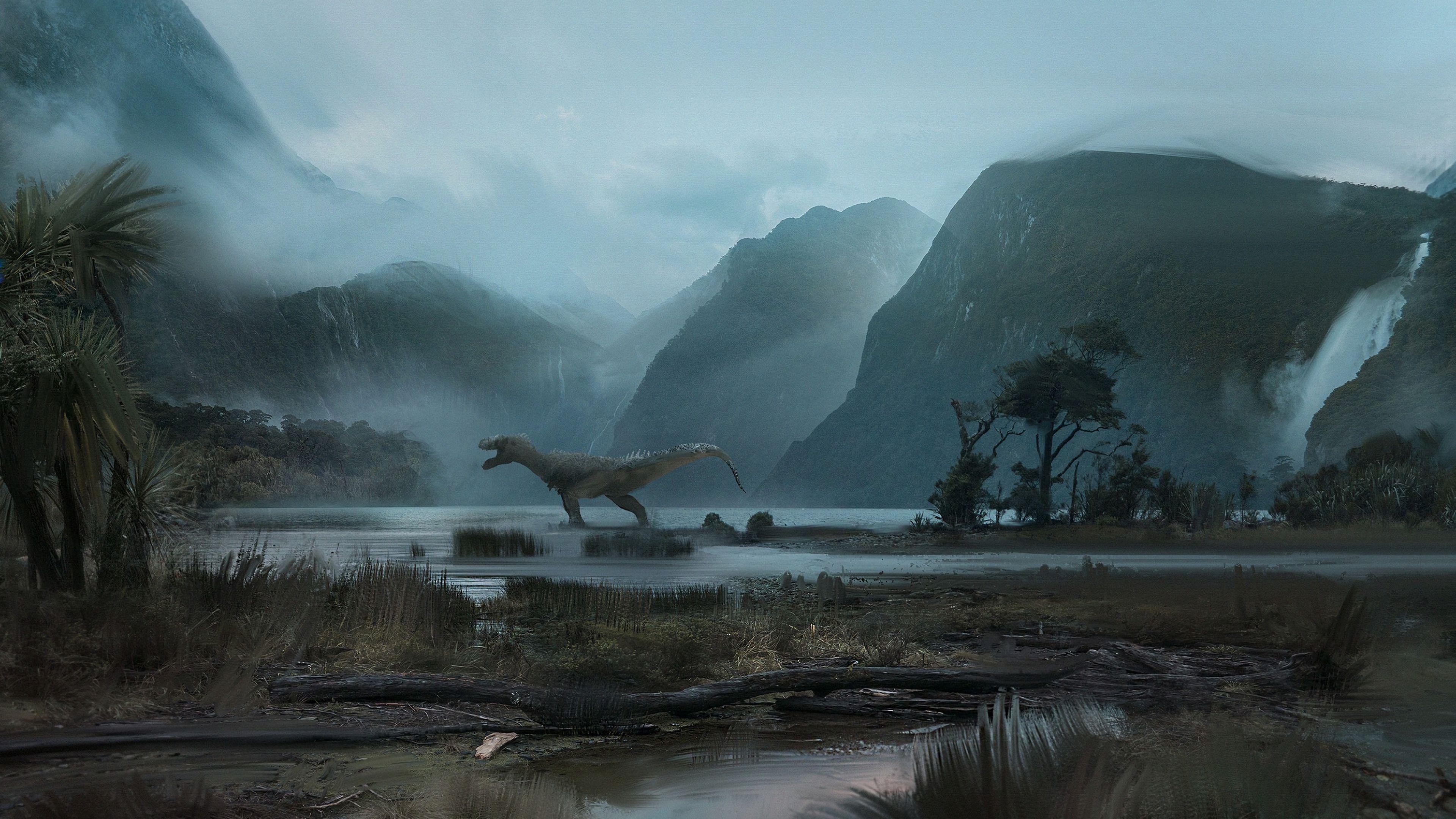 3840x2160 Wallpaper / dinosaur, mountains, art, 4k free download
