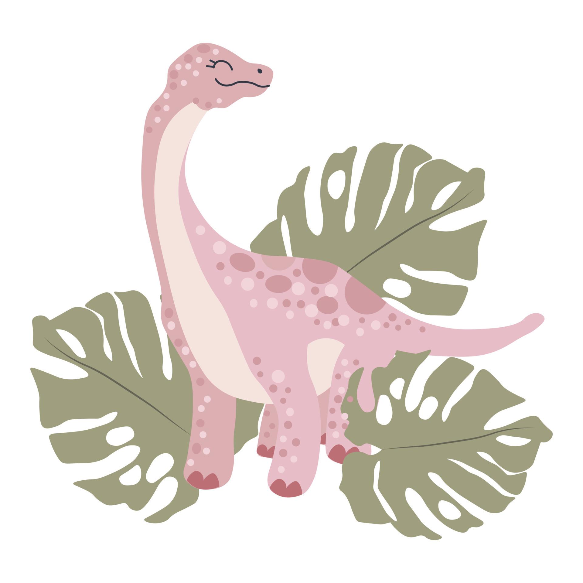 1920x1920 Illustration, cute pink dinosaur and tropical monstera leaves. Wall art, wallpaper, cover, toddler bedroom decor
