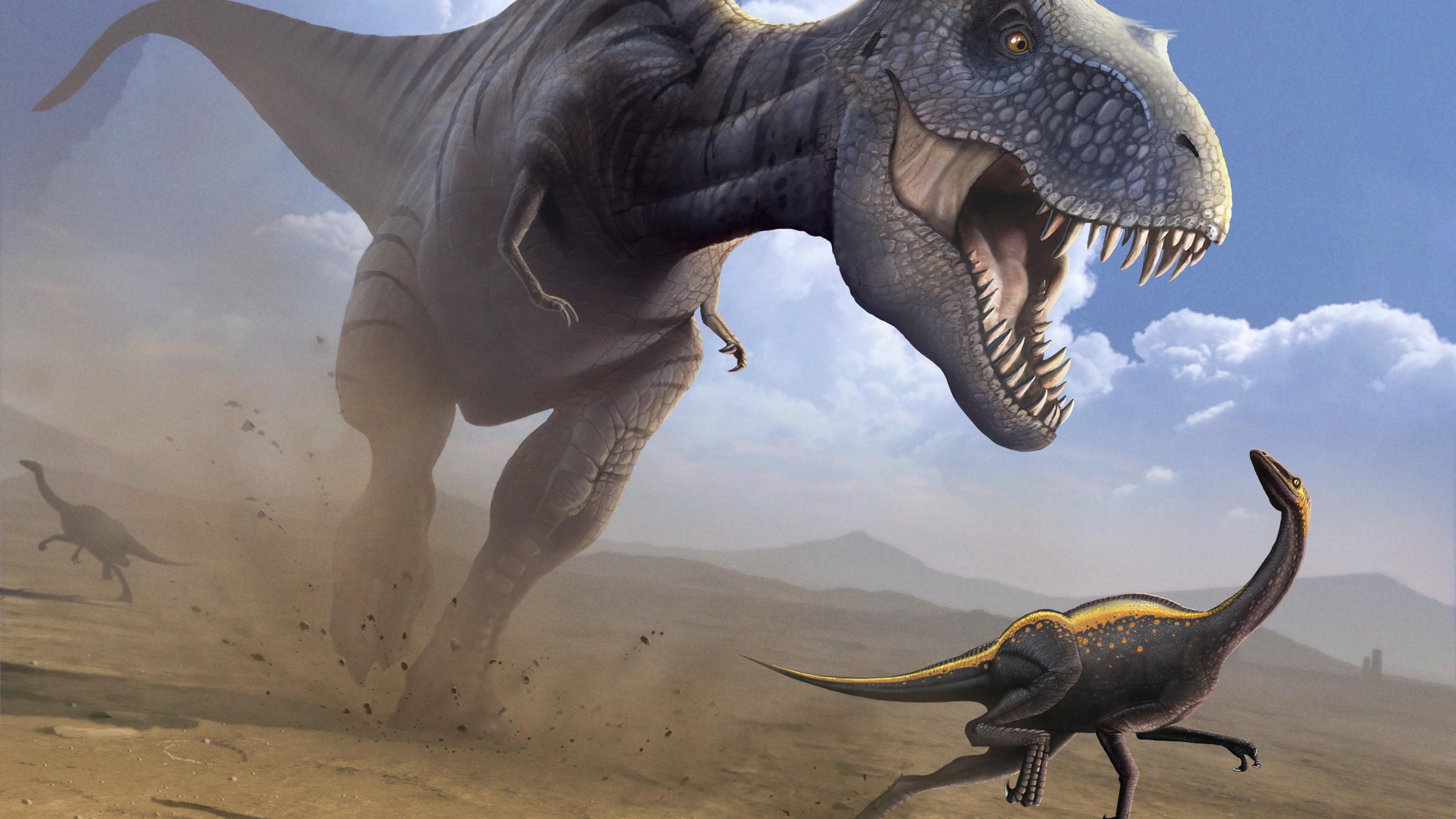 3840x2160 Wallpaper Tyrannosaurus, Ornithomimus, dinosaur, art, Art