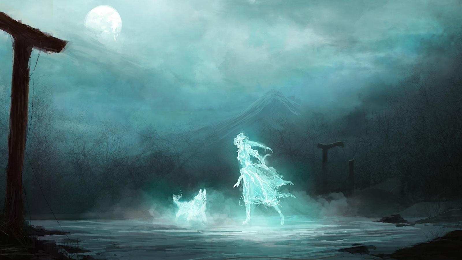 1600x900 Moon Magic Mountain Girl Dog Wallpaper