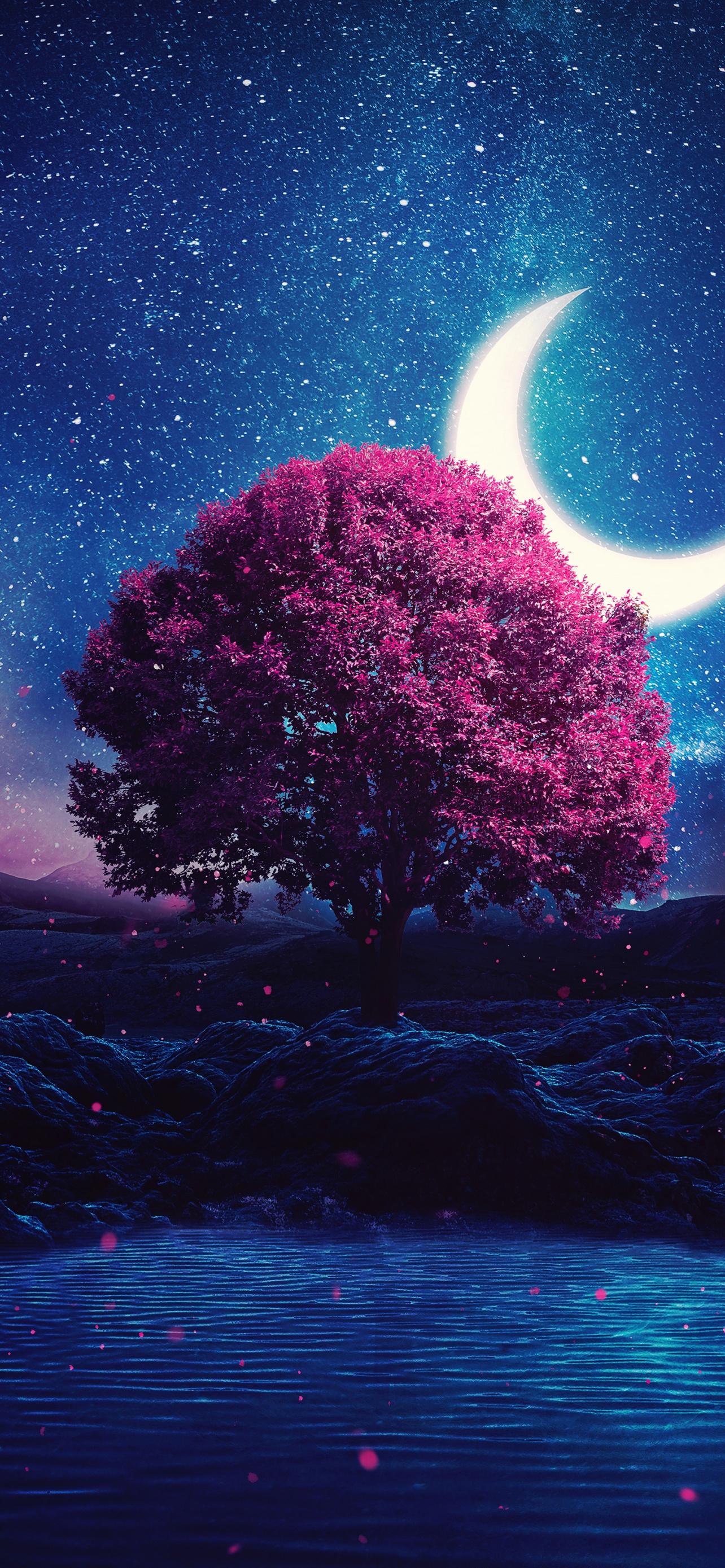 1284x2778 Lone tree Wallpaper 4K, Crescent Moon, Fantasy