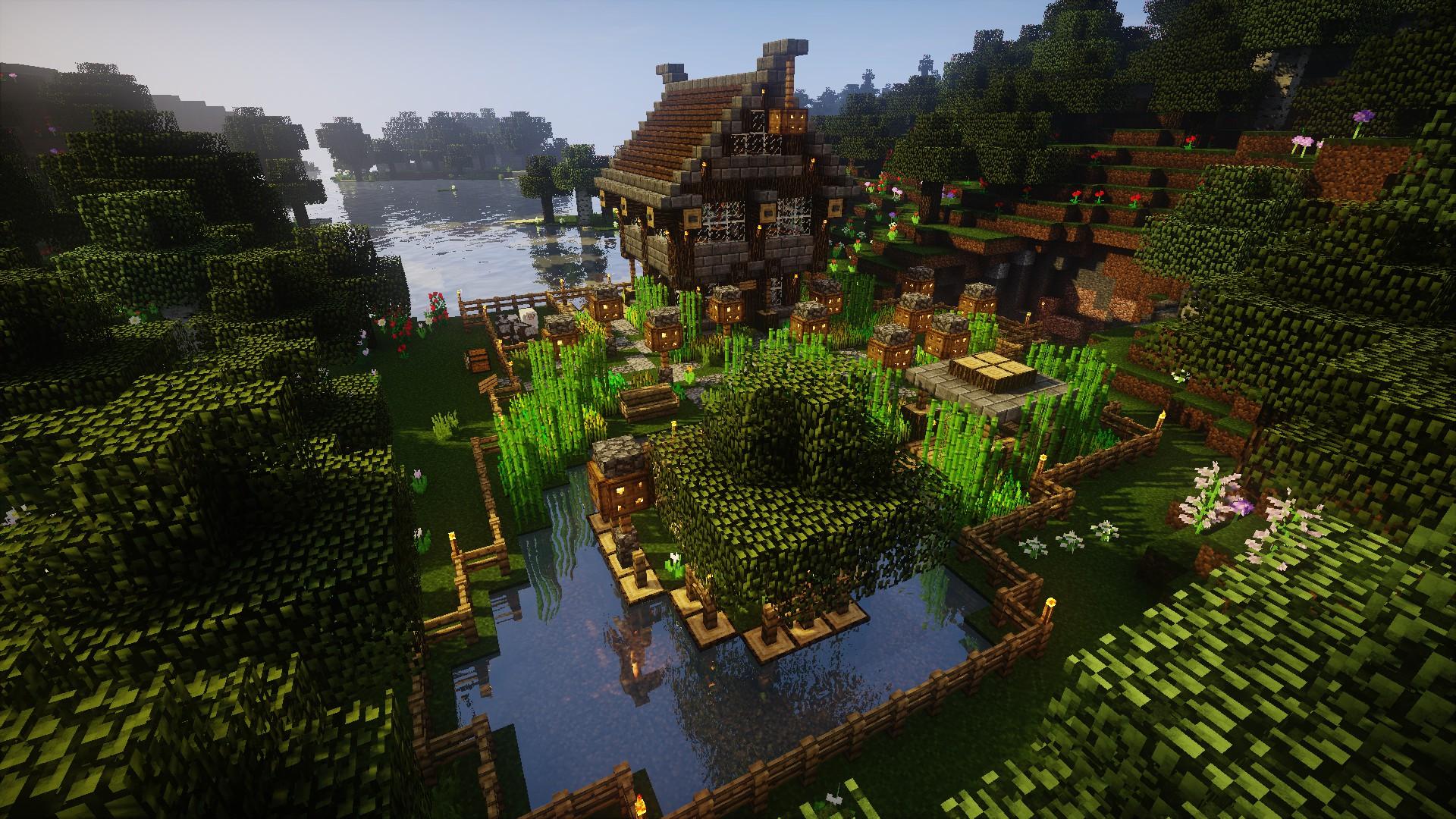 1920x1080 Minecraft, Video games, Farm, House, Forest, Oak trees, Water, Grass Wallpaper HD / Desktop and Mobile Background