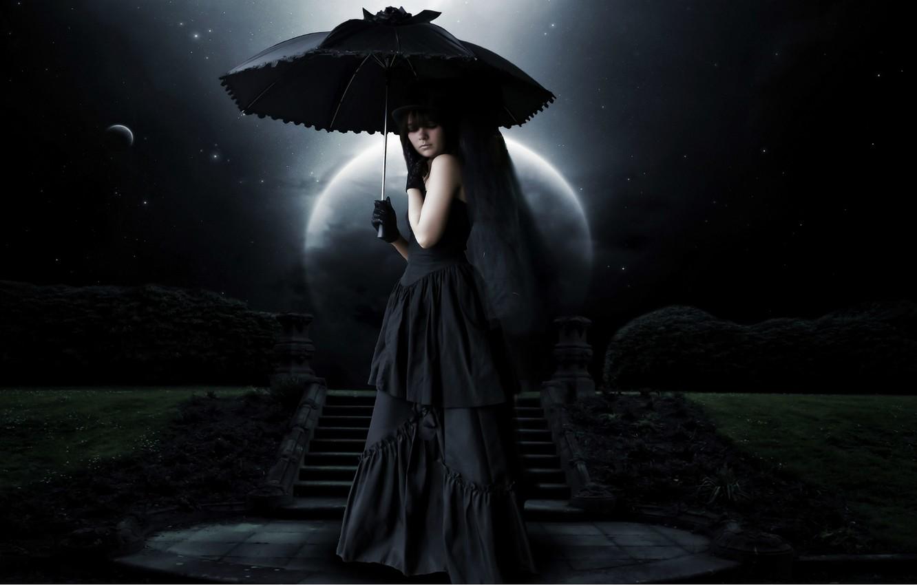 1332x850 Wallpaper night, umbrella, witch, the full moon, Cosplay, mourning, black magic image for desktop, section фантастика