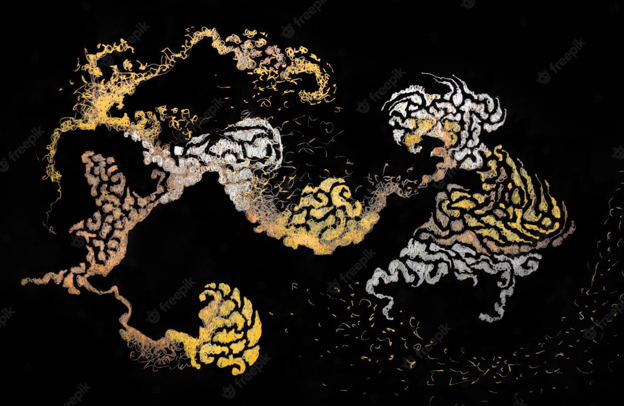 2000x1301 Premium Photo. Golden foil japanese painting element. dark black background shiny gold metal luxury wallpaper flyer waves. light glow metal greeting card background illustration