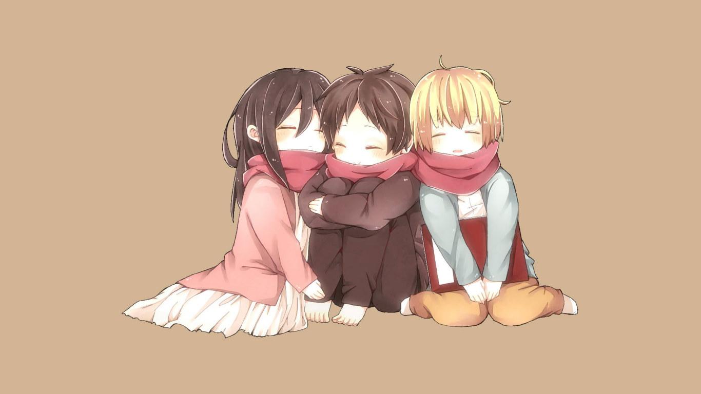 1366x768 Three Anime Characters Vector Art, Chibi, Mikasa Ackerman, Eren Jeager Wallpaper • Wallpaper For You