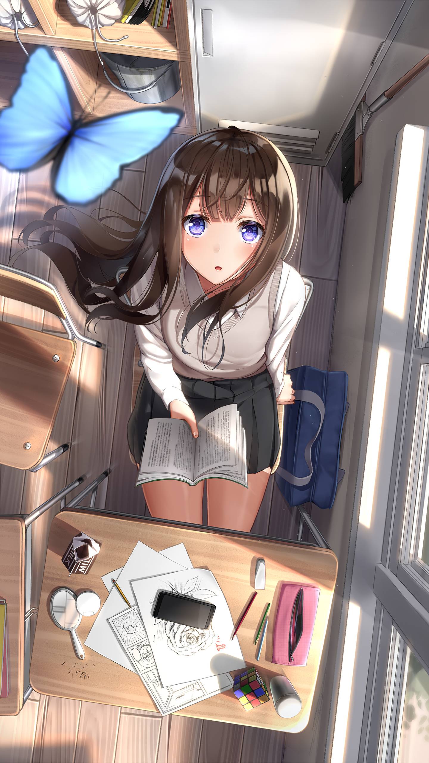 1440x2560 Anime Girl School Looking Upward Butterfly 4k Samsung Galaxy S S7 , Google Pixel XL , Nexus 6P , LG G5 HD 4k Wallpaper, Image, Background, Photo and Picture