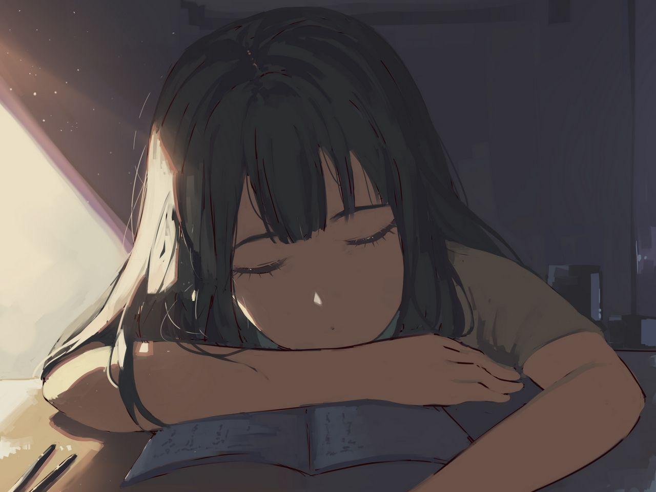 1280x960 Download wallpaper 1280x960 girl, sleep, study, anime standard 4:3 HD background