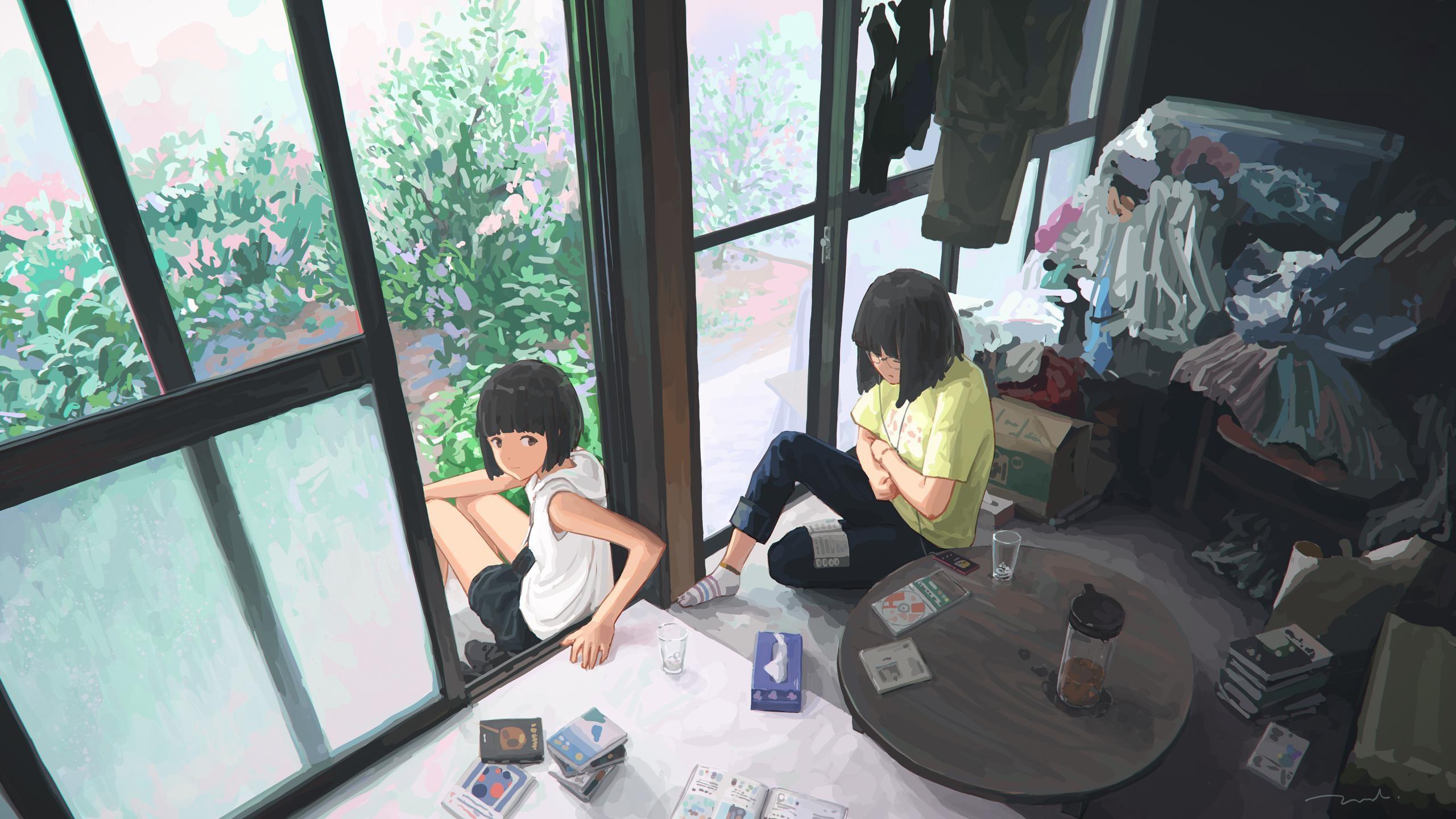 2560x1440 Wallpaper / anime girls, indoors, table, anime free download