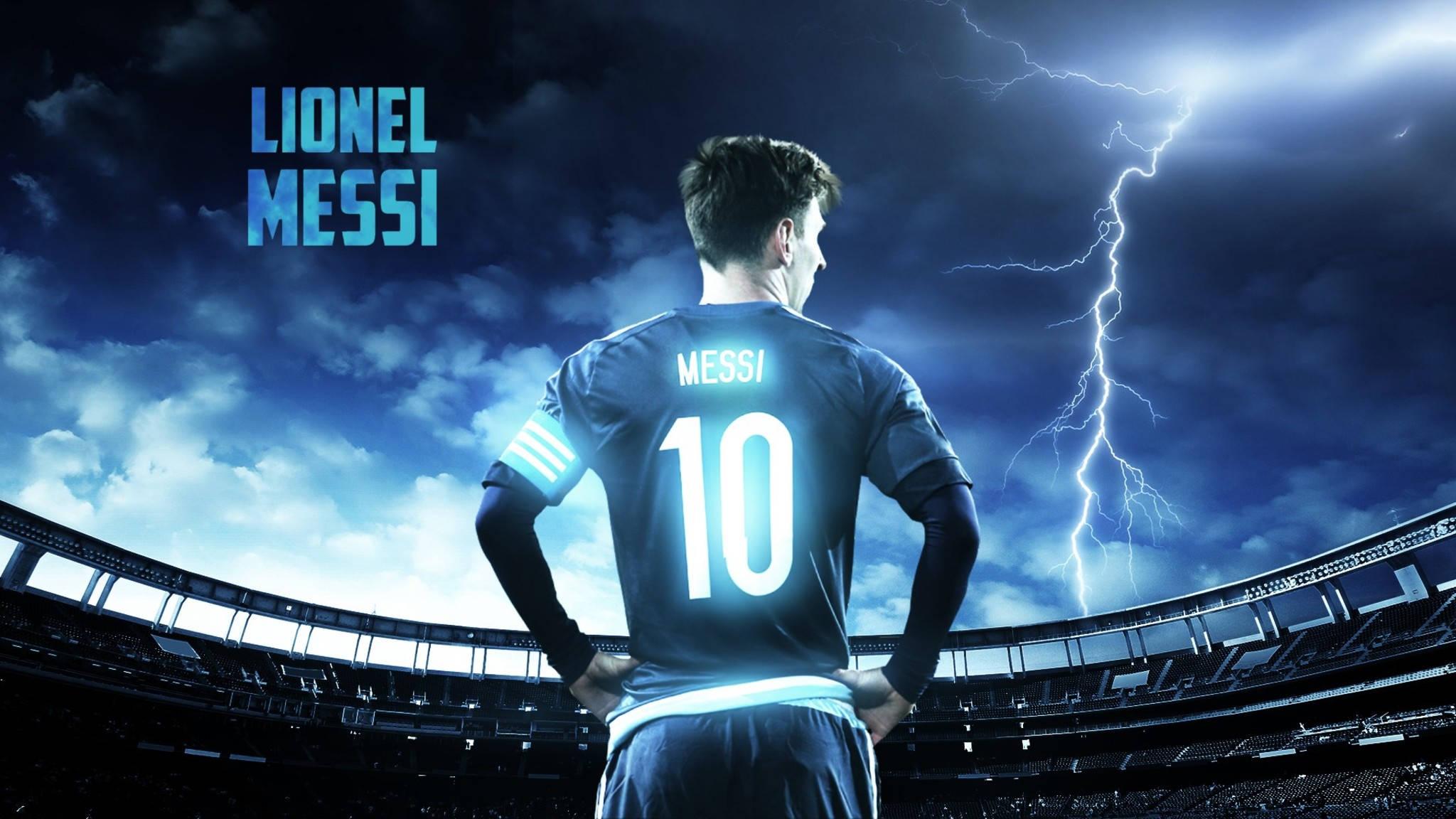 2048x1152 Download Lionel Messi Lightning Stadium Wallpaper