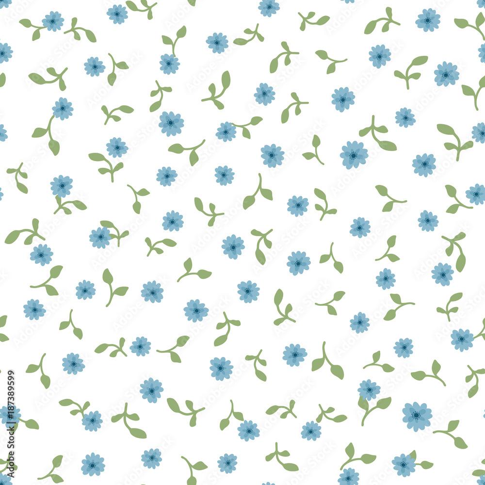 1000x1000 Cute floral seamless pattern. Repeated small blue flowers and green leaves on white background. Stock Vector
