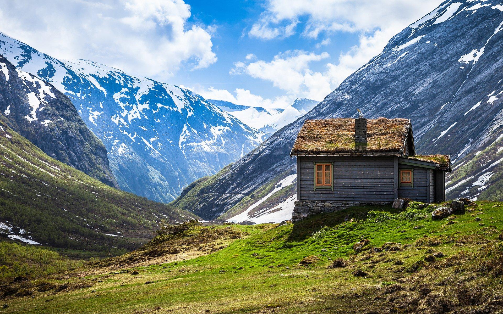 1920x1200 cabin, Mountain, Nature, Snow, Home, Grass, Landscape, Sky Wallpaper HD / Desktop and Mobile Background