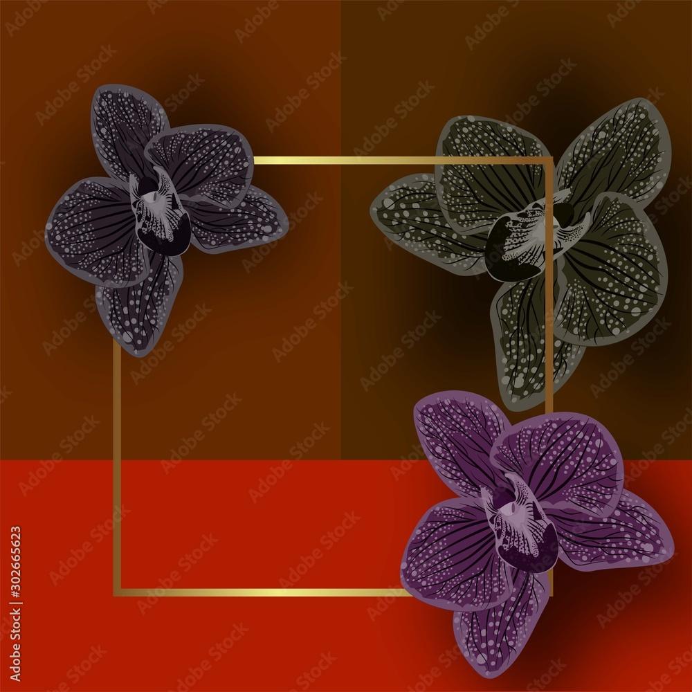 1000x1000 Black orchid illustration. Abstract flower illustration. Nature wallpaper. Retro abstract black invitation on colorful backdrop. Stock Vector