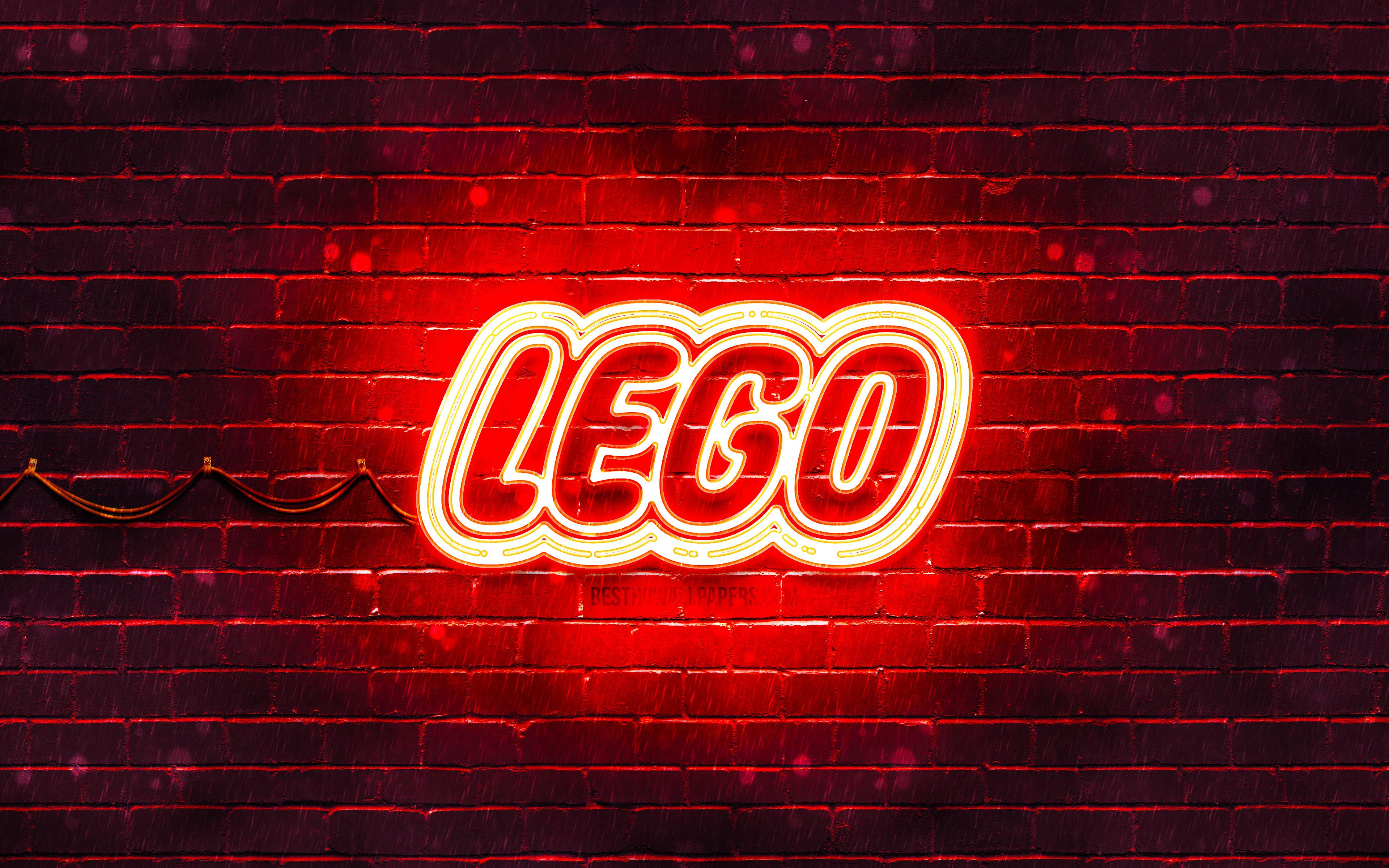 3840x2400 Download wallpaper LEGO red logo, 4k, red brickwall, LEGO logo, brands, LEGO neon logo, LEGO for desktop with resolution 3840x2400. High Quality HD picture wallpaper