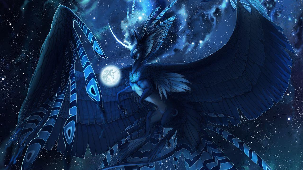 1280x720 Wallpaper creature, mystical, fantastic, flight, blue, unicorn, bird hd, picture, image