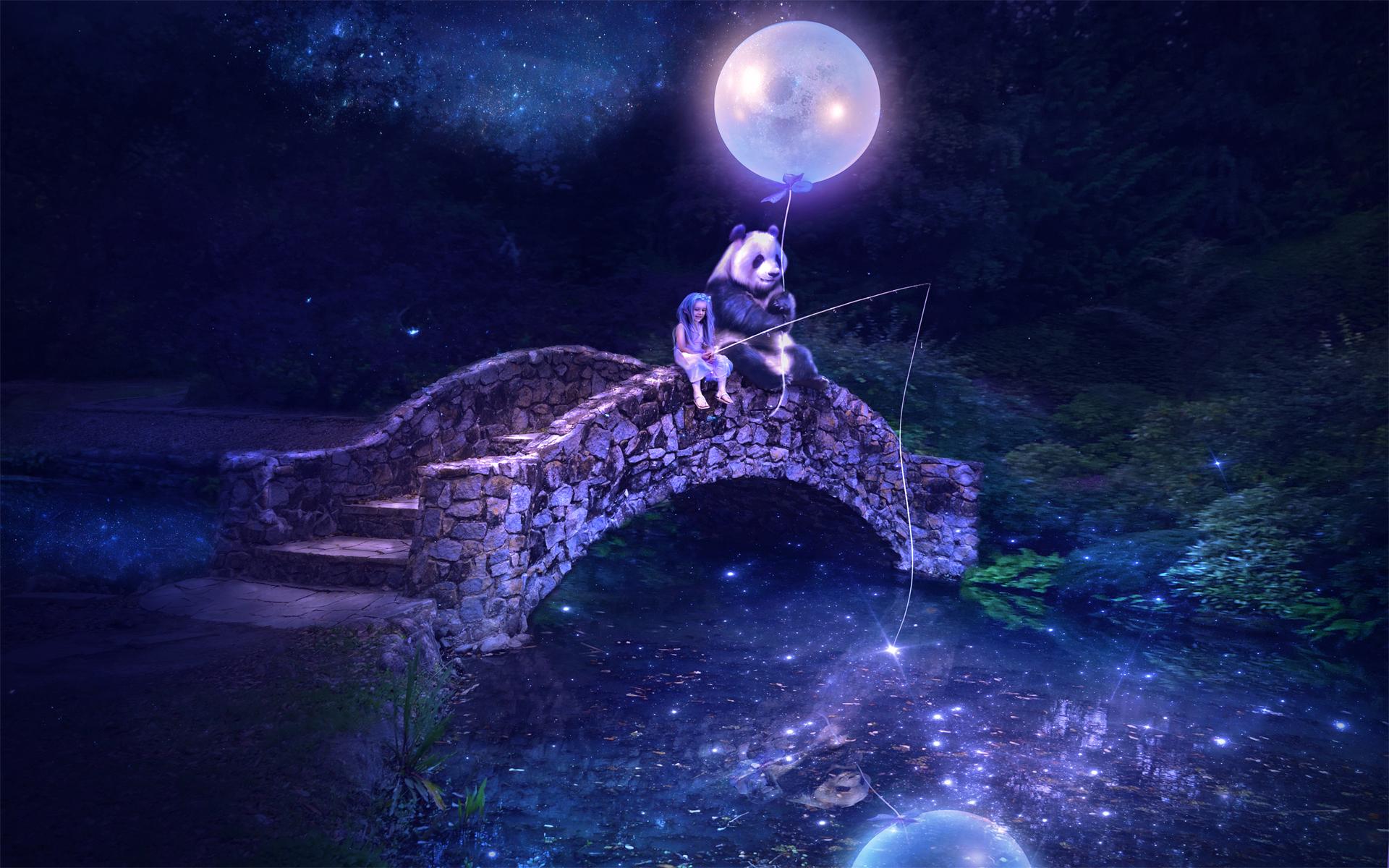 1920x1200 fantastic, World, Bridges, Pandas, Moon, Night, Fantasy, Panda, Bear, Girl, Girls, Magical Wallpaper HD / Desktop and Mobile Background