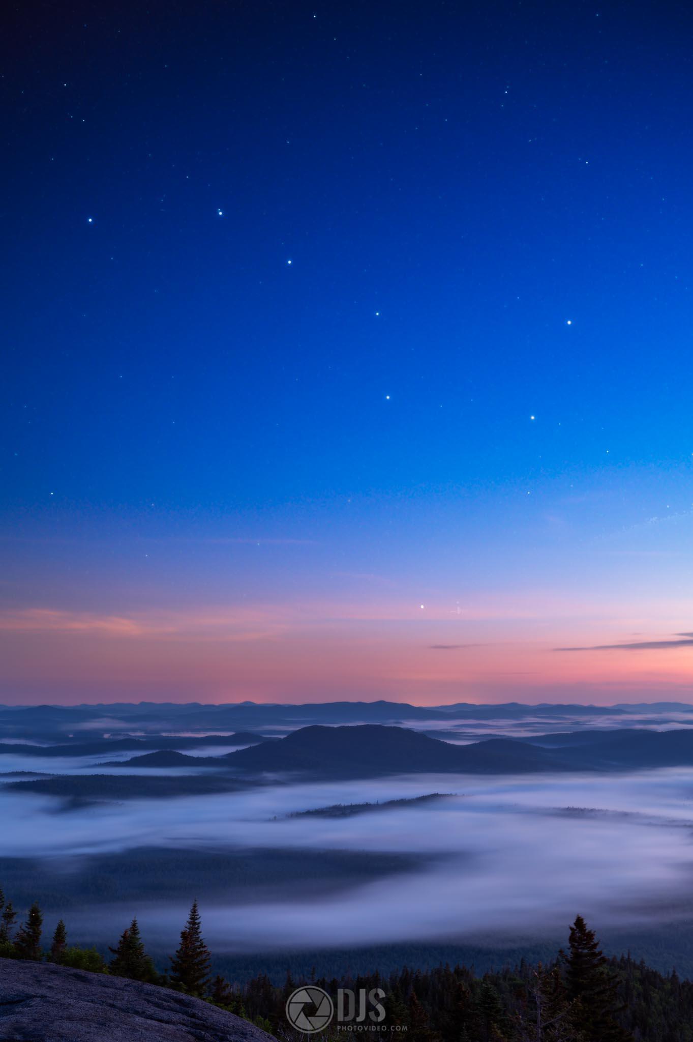 1363x2048 I photographed the Big Dipper sitting low over the foggy mountains in upstate NY. I even caught the famous double star, Mizar and Alcor! [OC]