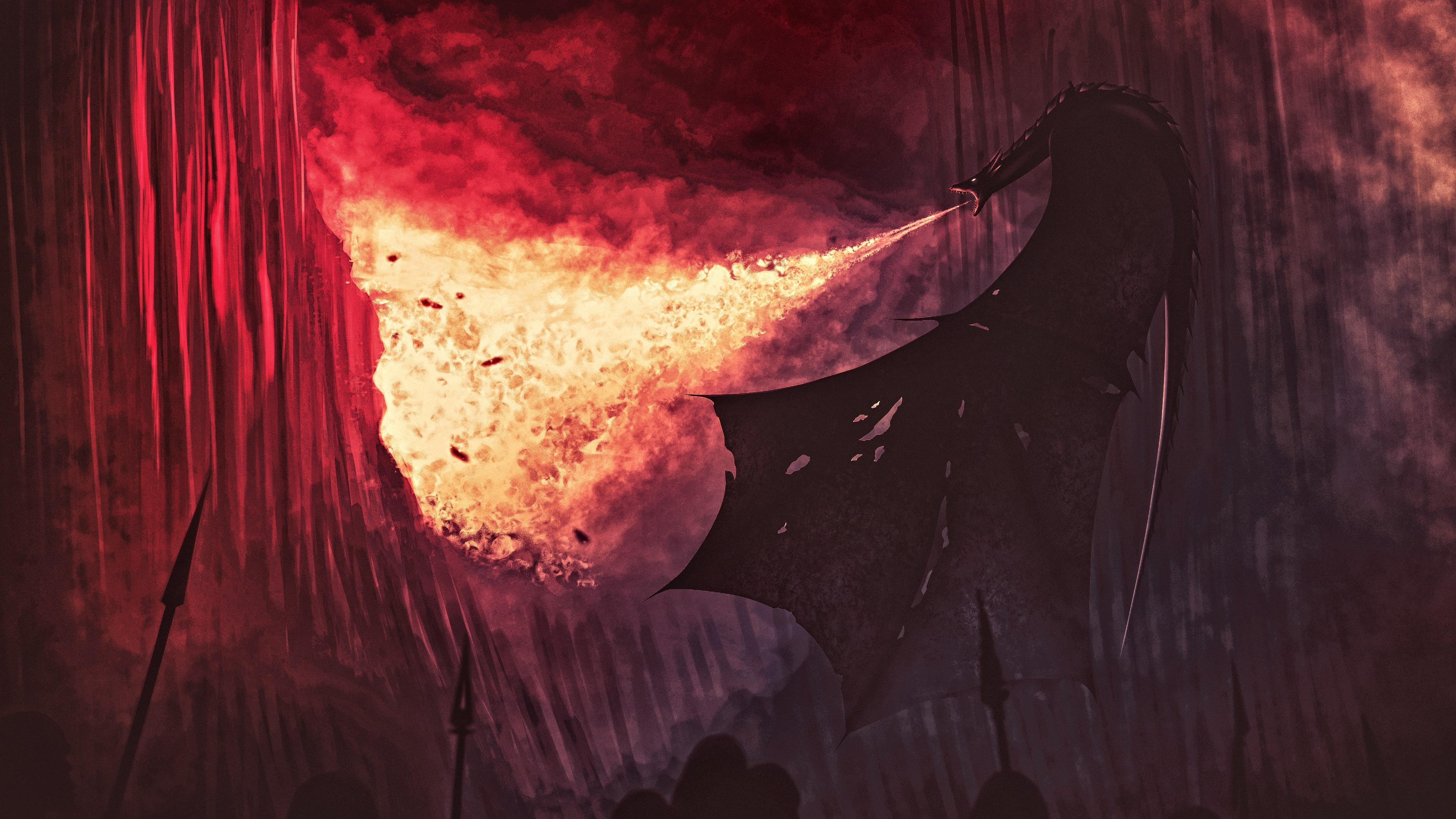 3840x2160 Wallpaper / fantasy art, artwork, dragon, night, fire, fan art, A Song of Ice and Fire, Game of Thrones, TV, tv series free download