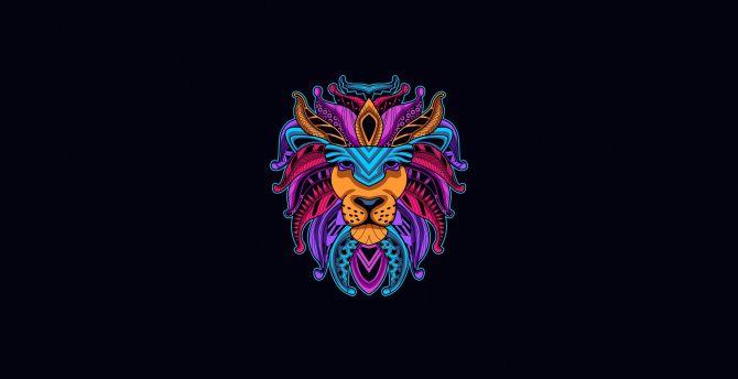 670x344 Wallpaper lion, colorful muzzle, art desktop wallpaper, HD image, picture, background, e2544c