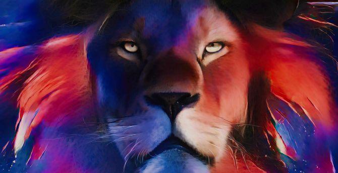 670x344 Wallpaper lion muzzle, confident beast, art desktop wallpaper, HD image, picture, background, 98aa04