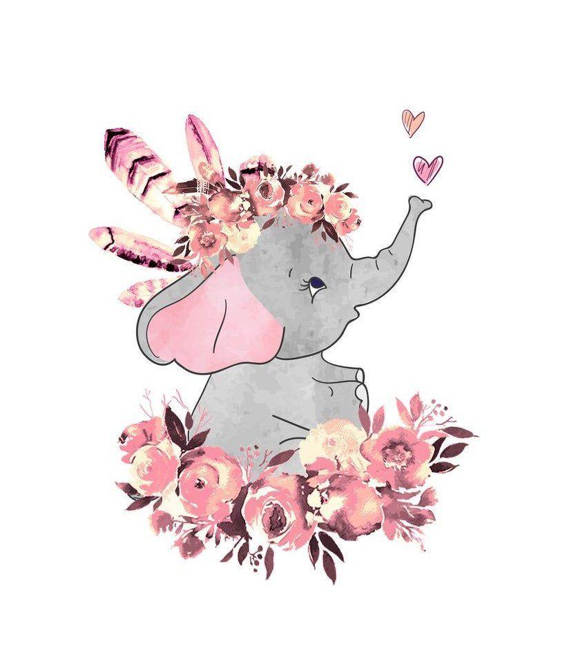 824x971 Custom Nursery Room Wall Art Decor for Baby Girl Elephant Design and Pink Flowers Set of Three #bab. Arte de elefante, Dibujos bonitos, Dibujo animales infantiles