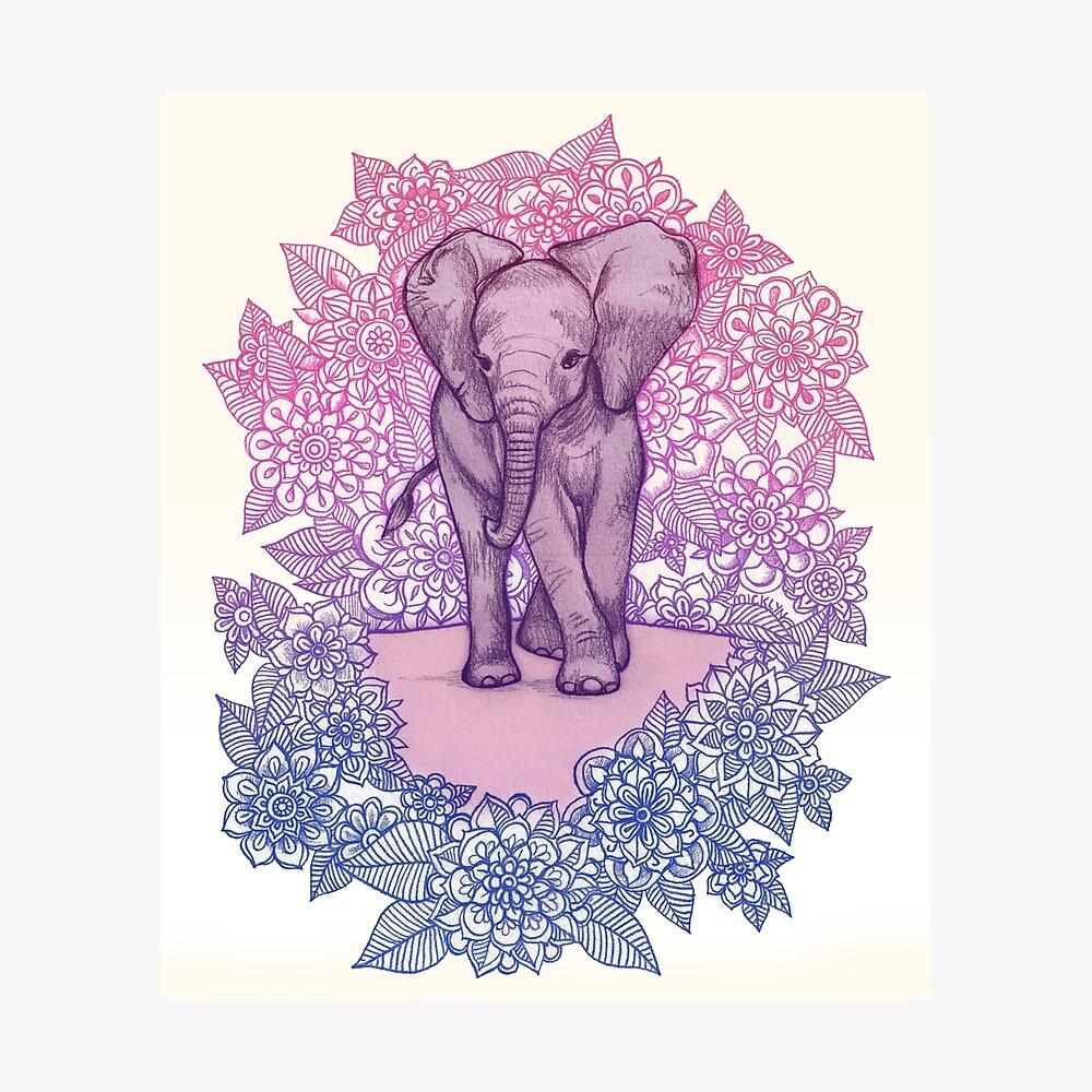 1000x1000 Cute Baby Elephant in pink, purple & blue Metal Print