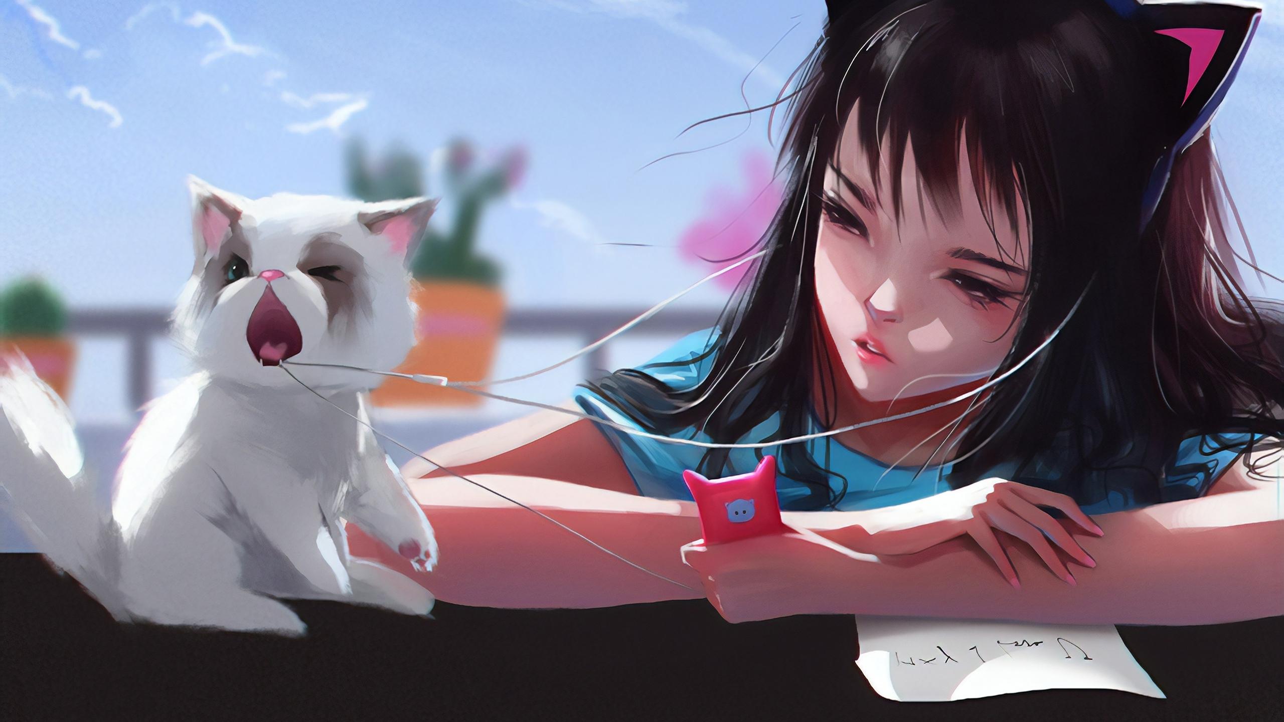 2560x1440 Wallpaper Brown Hair, Anime Girl, Music, Earphones, Cute Kitten:2560x1440