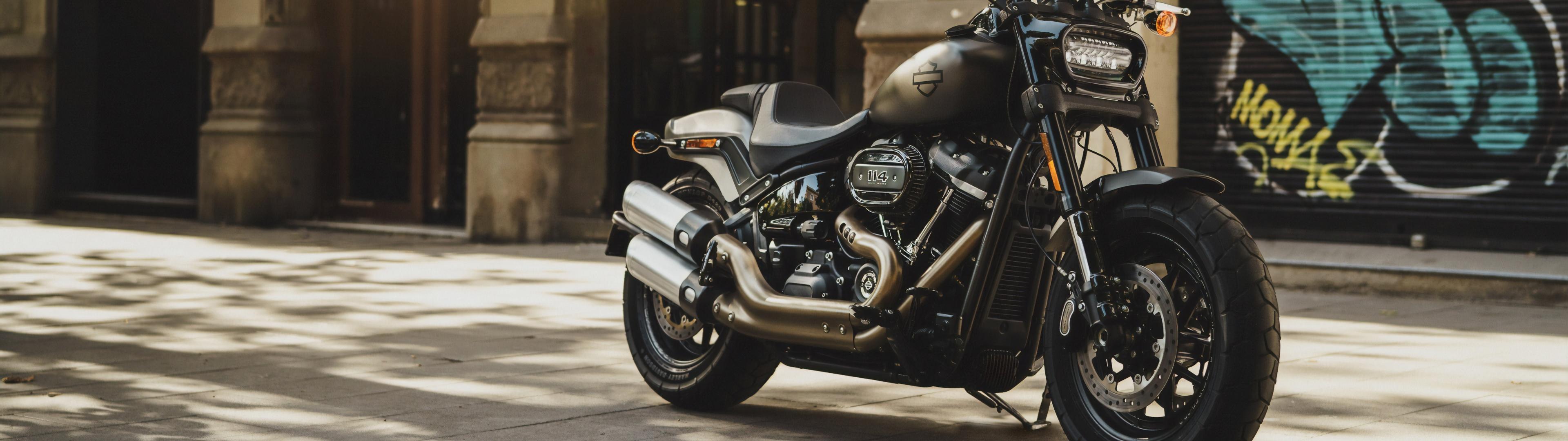 3840x1080 Harley Davidson Fat Bob Wallpaper 4K, Grey Motorcycle