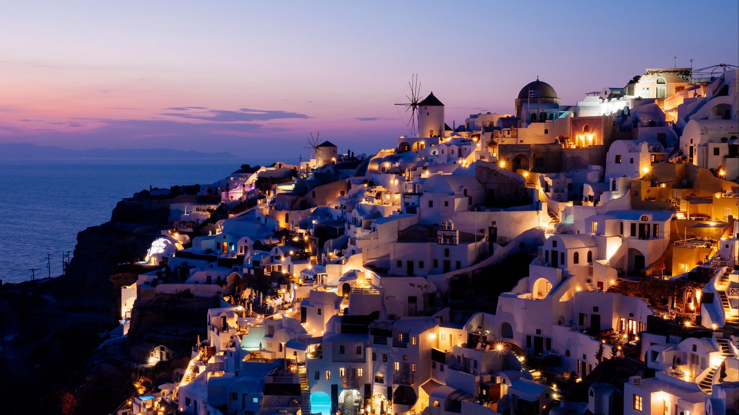2560x1440 Wallpaper / city, resort, sunset, architecture, buildings, oia, greece, 4k free download