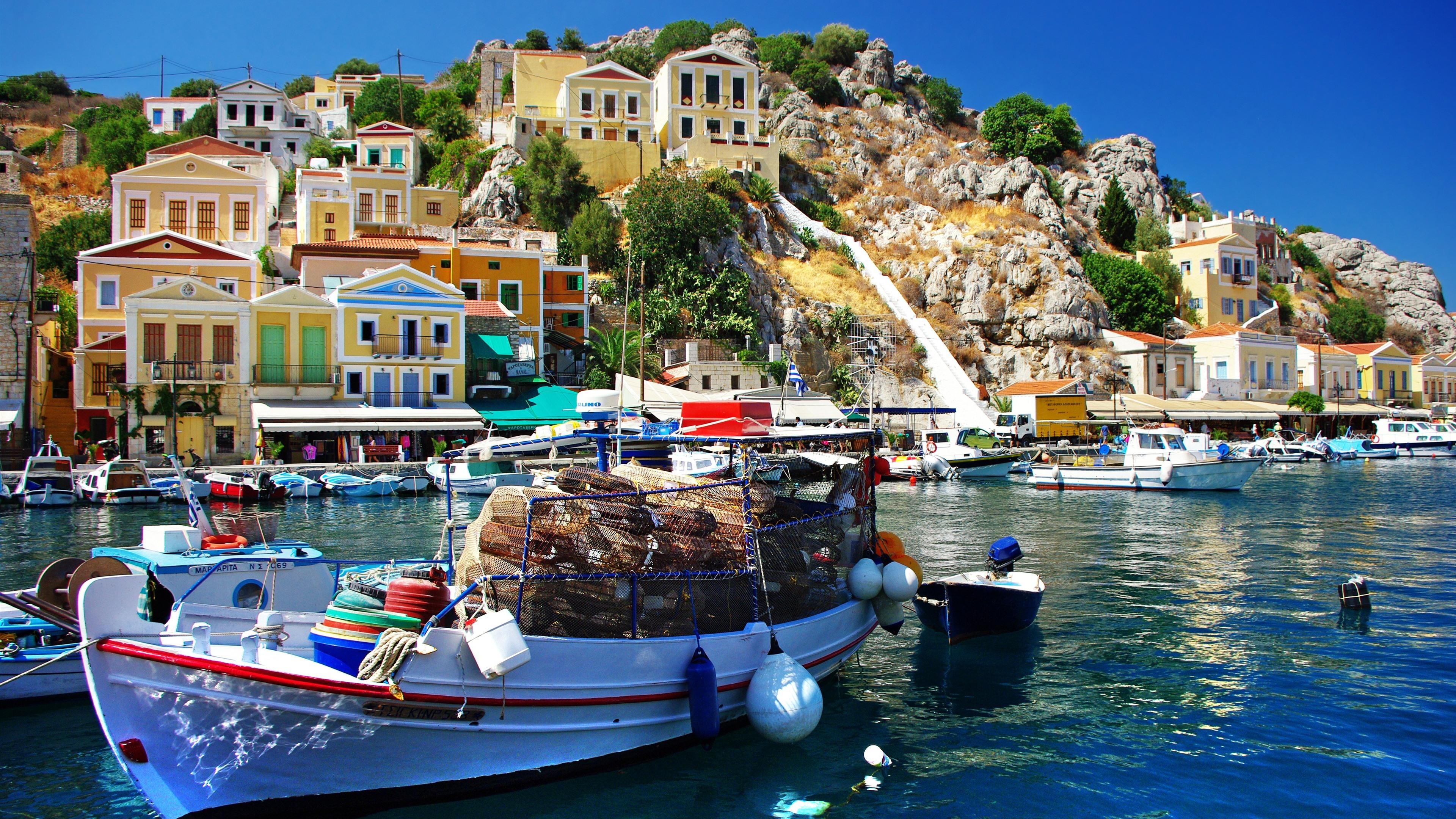 3840x2160 Wallpaper Greece, sea, boats, houses, town, pier 3840x2160 UHD 4K Picture, Image
