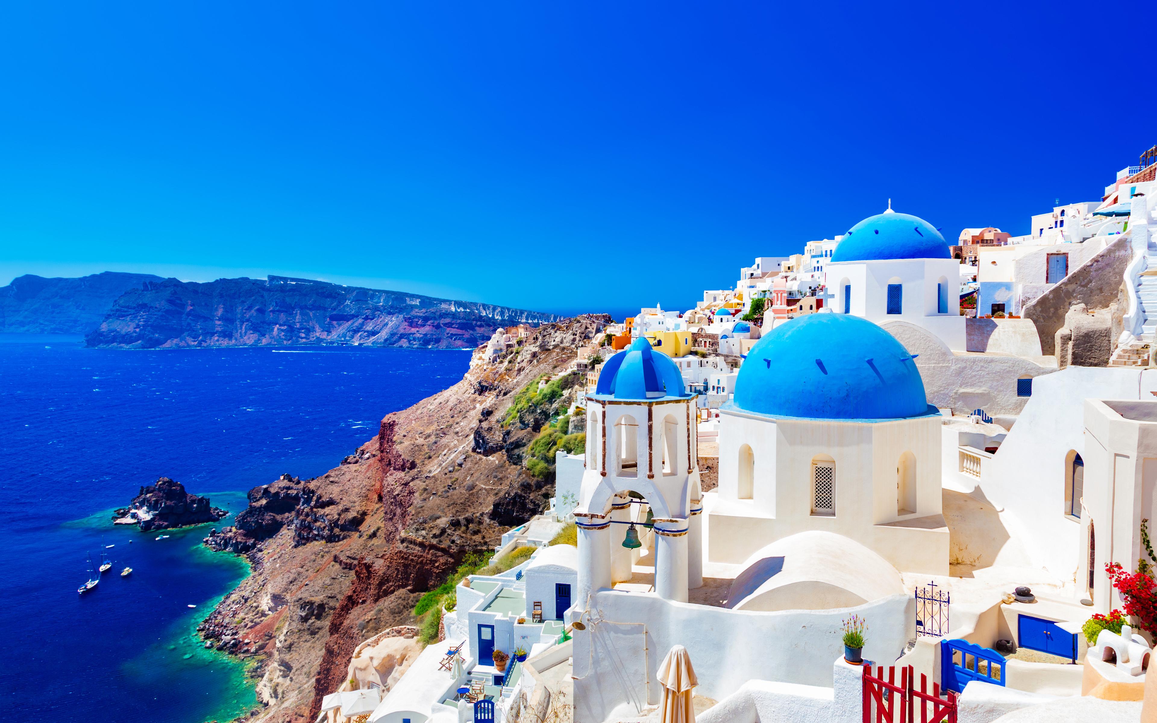 3840x2400 Download wallpaper Greek island, Thira, summer, Santorini, Greece, 4k, romantic places, Aegean Sea for desktop with resolution 3840x2400. High Quality HD picture wallpaper