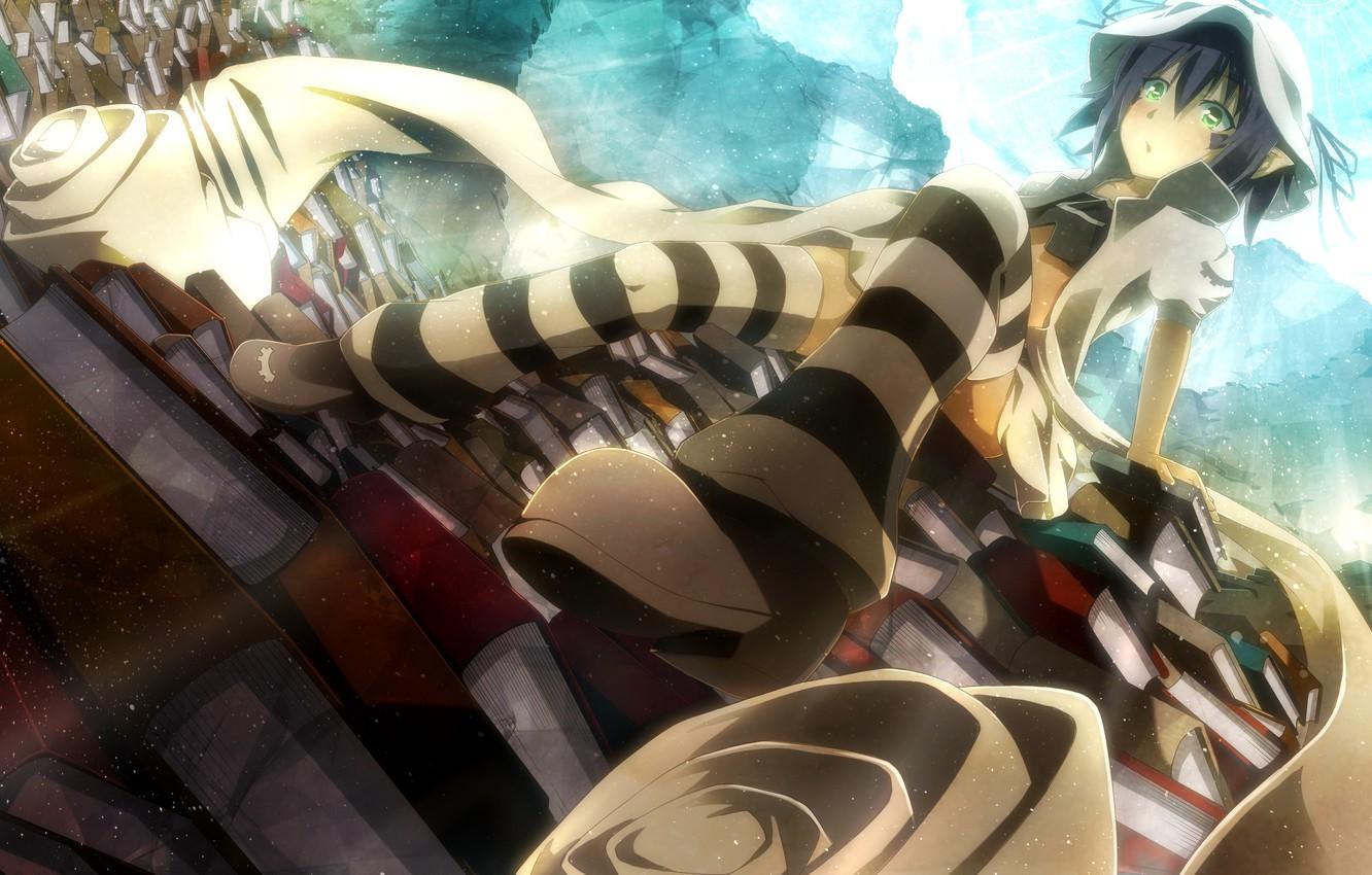 1332x850 Wallpaper the sky, girl, clouds, books, stockings, hat, anime, shoes, art, Dream Eater Merry, Merry, dennryuurai, merry nightmare, devourer of dreams, yumekui merry image for desktop, section прочее