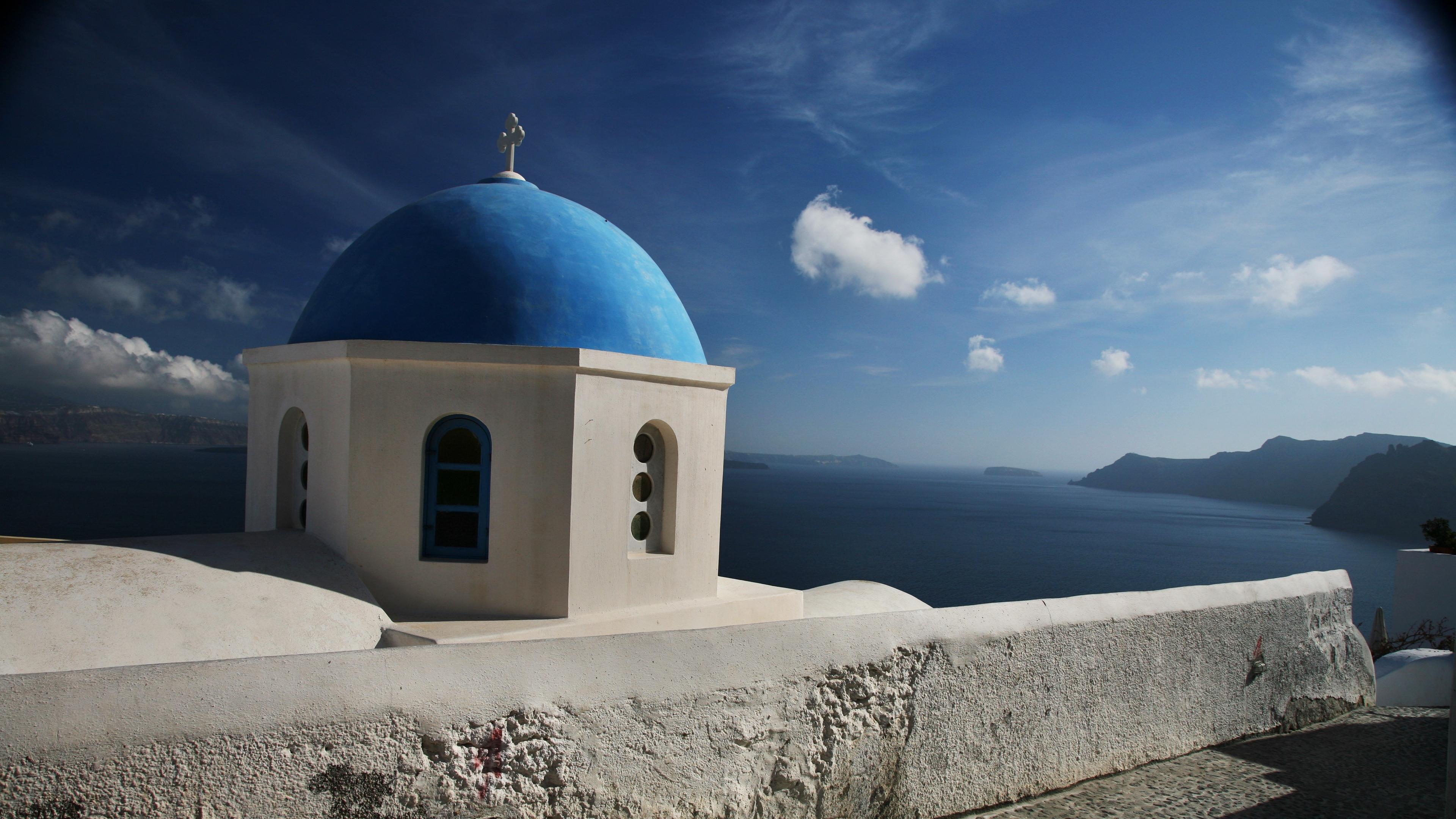3840x2160 Wallpaper 4k santorini, greece, clouds, dome, church, sky, sea, mountains 4k Wallpaper