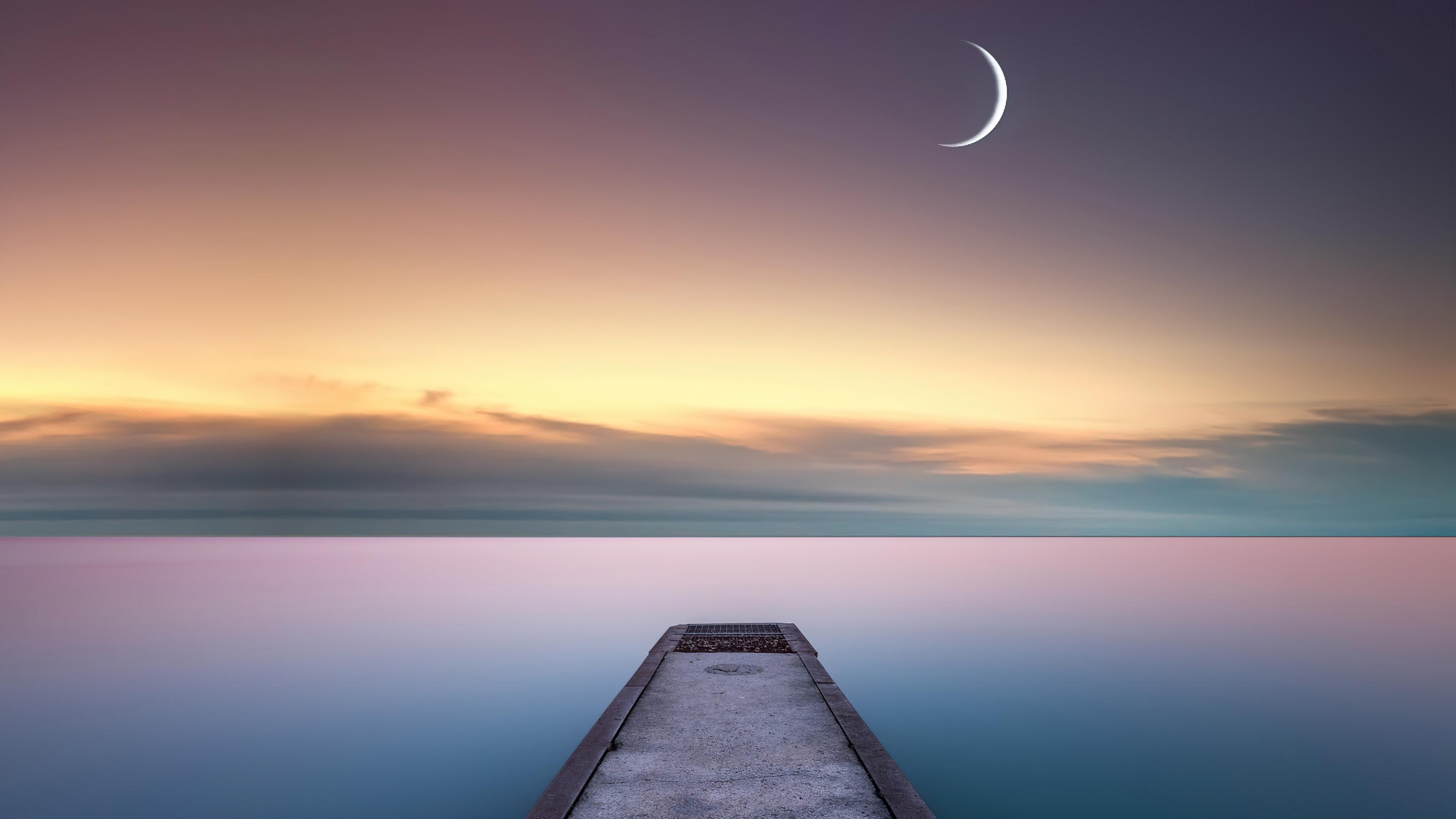 3840x2160 Calm Water And Pier Moon Wallpaper, HD