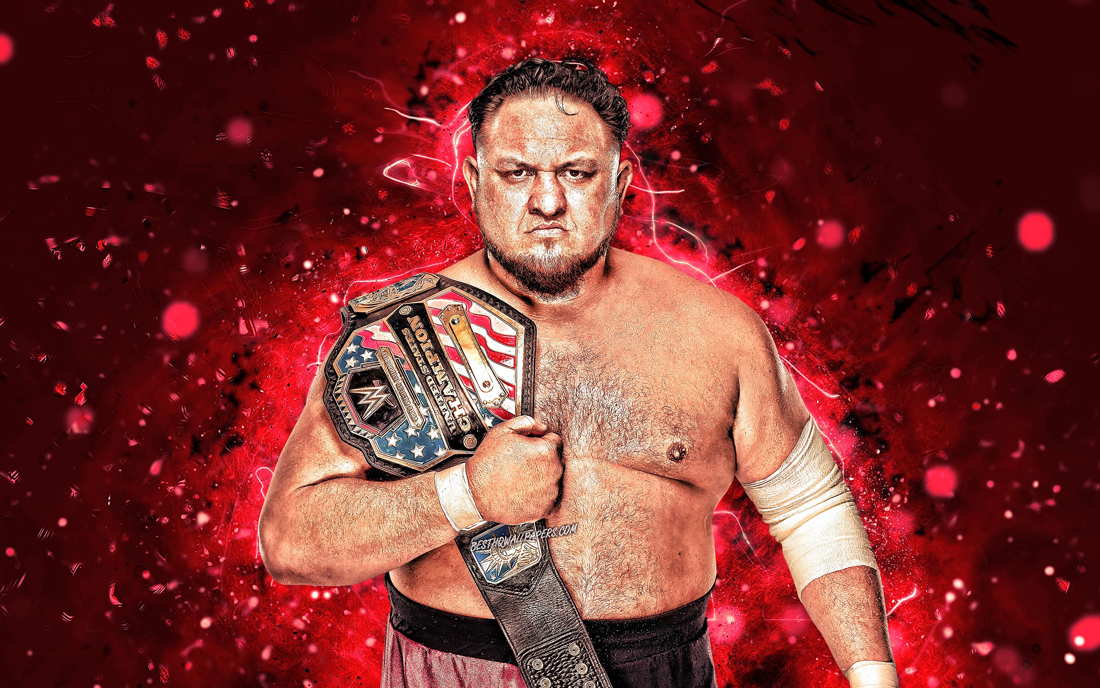 3840x2400 Download wallpaper Samoa Joe, 4k, american wrestlers, WWE, wrestling, neon lights, Nuufolau Joel Seanoa, wrestlers, Samoa Joe 4K for desktop with resolution 3840x2400. High Quality HD picture wallpaper