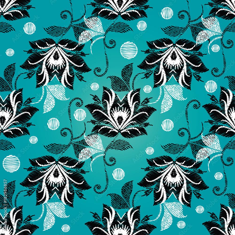 1000x1000 Floral vintage embroidery seamless pattern. Light blue vector background with tapesrty flowers, swirls, leaves, polka dots. Black white grunge ornaments. Embroidered design for wallpaper, fabric. Stock Vector