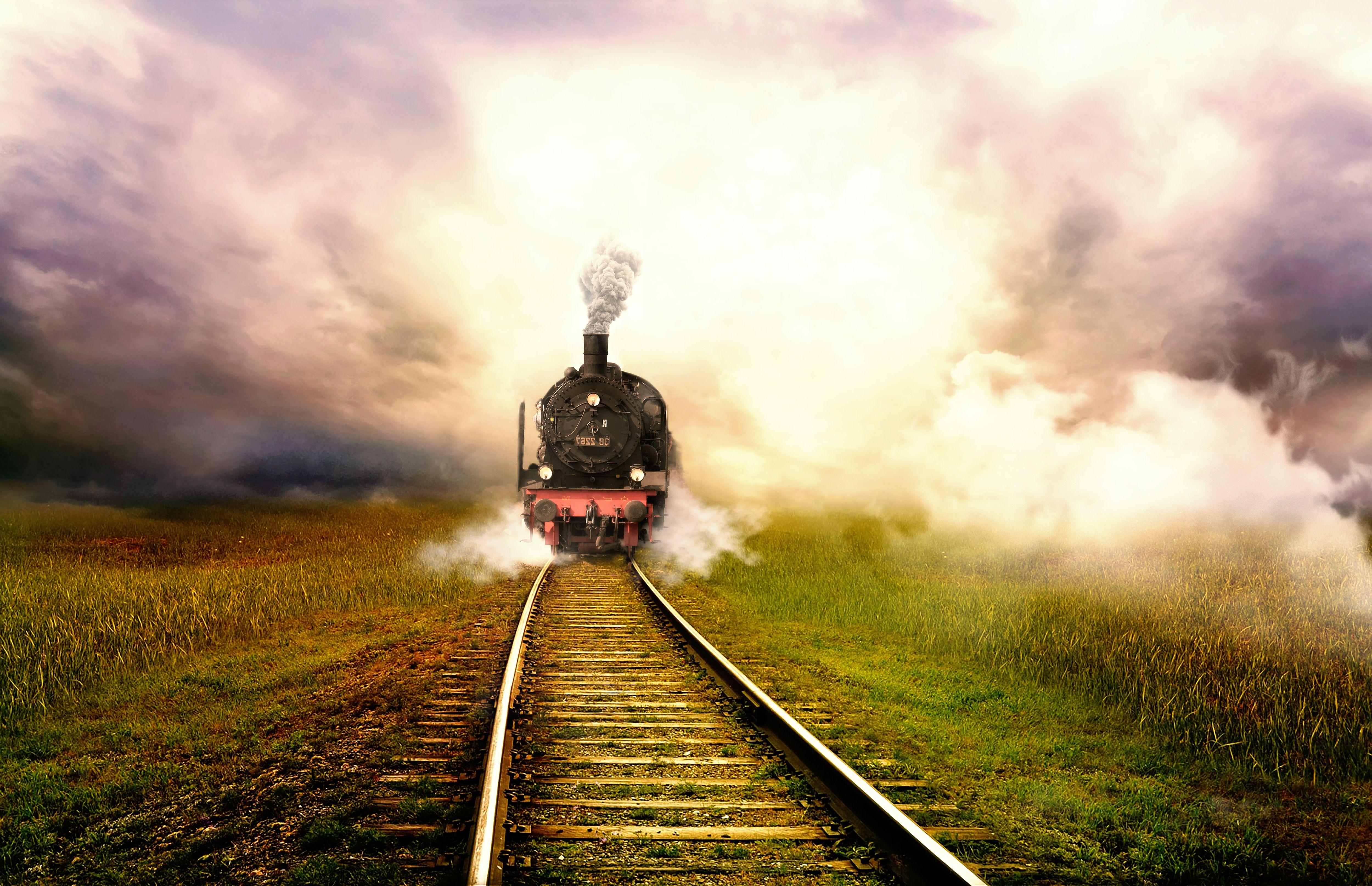 5000x3232 Photos Rails Fog Trains Grass Railroads 5000x3232