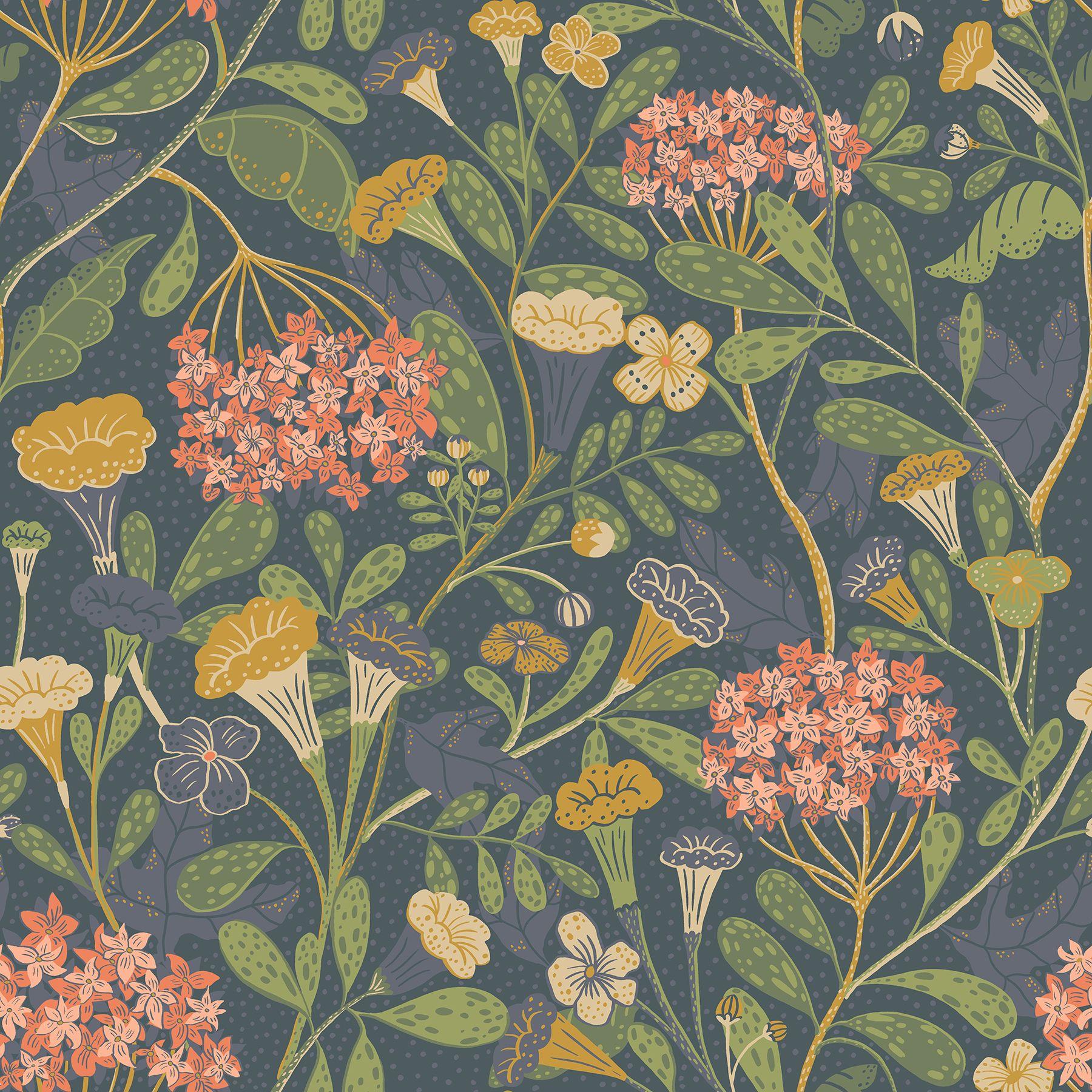 1800x1800 2999 55020 Hybbe Hydrangea Garden Wallpaper In Blue Pink Gold Green Colors With Dotted Flower Sprout Flowers Botanical Style Non Woven Unpasted Wall Covering