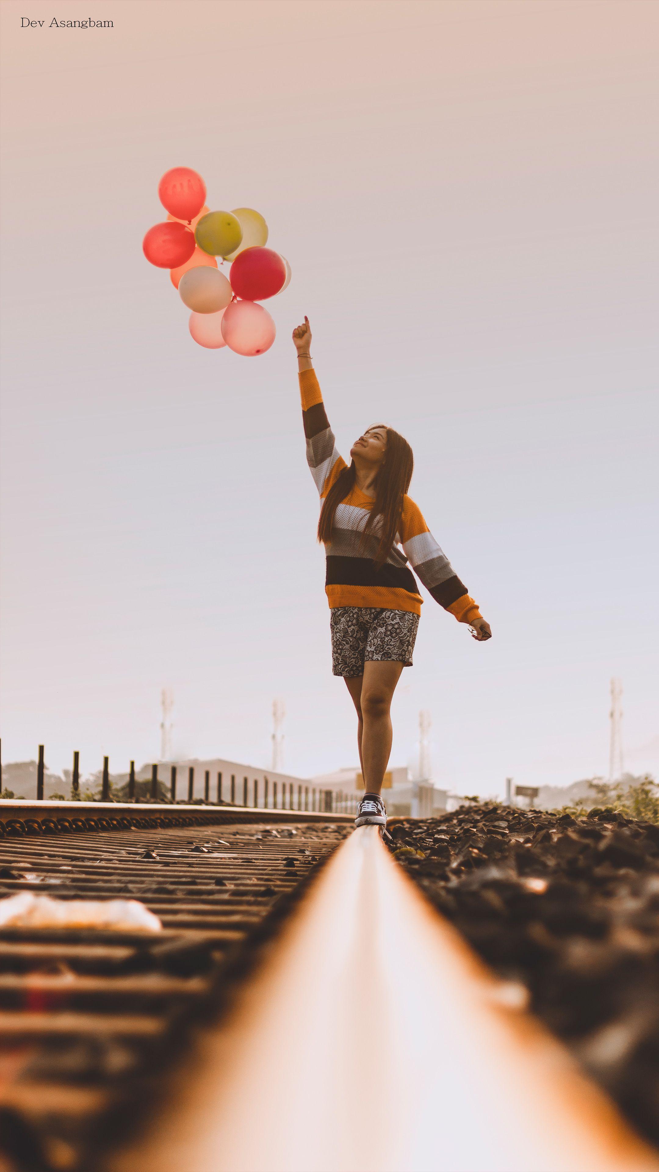 2160x3840 Download Happy Girl Balloons Train Track Photography Free Pure 4K