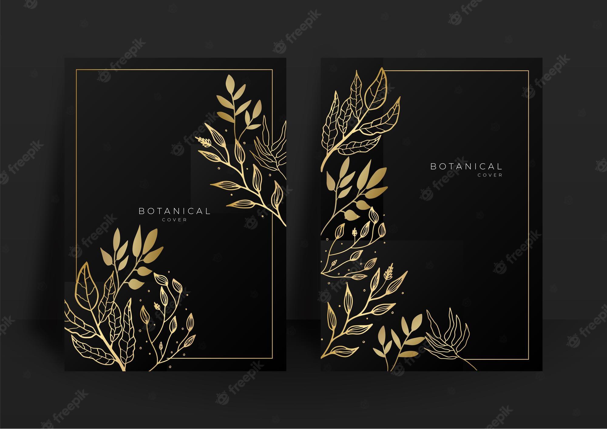 2000x1413 Premium Vector. Black and gold wedding invitation template set. abstract floral design background set. luxury modern style wallpaper with art flower and botanical leaves, organic shapes