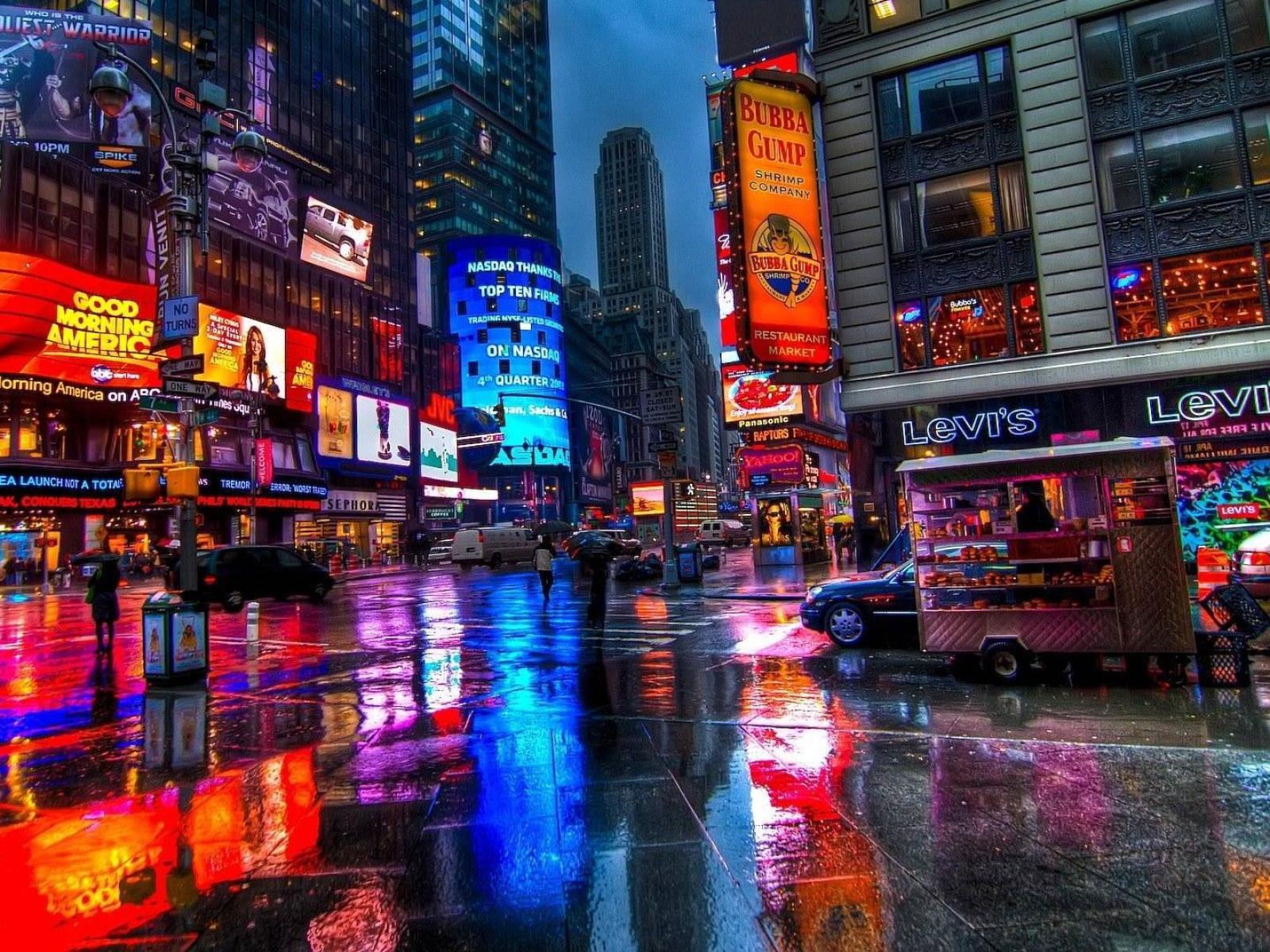 1600x1200 Wallpaper Reflection, Manhattan, Times Square, New York, Neon Sign, Street • Wallpaper For You