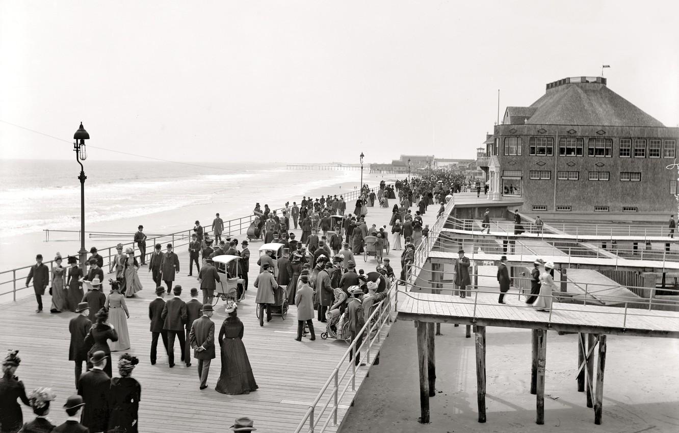 1332x850 Wallpaper Sea, Retro, People, USA, Promenade, New Jersey, 1900 The Year, Atlantic City Image For Desktop, Section город