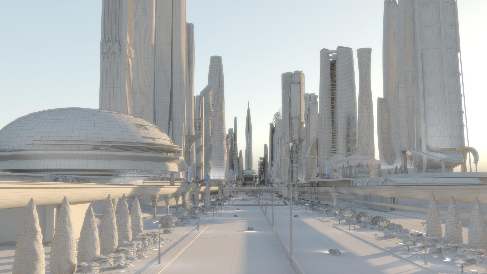1920x1080 3D Future City. Night. Main Street