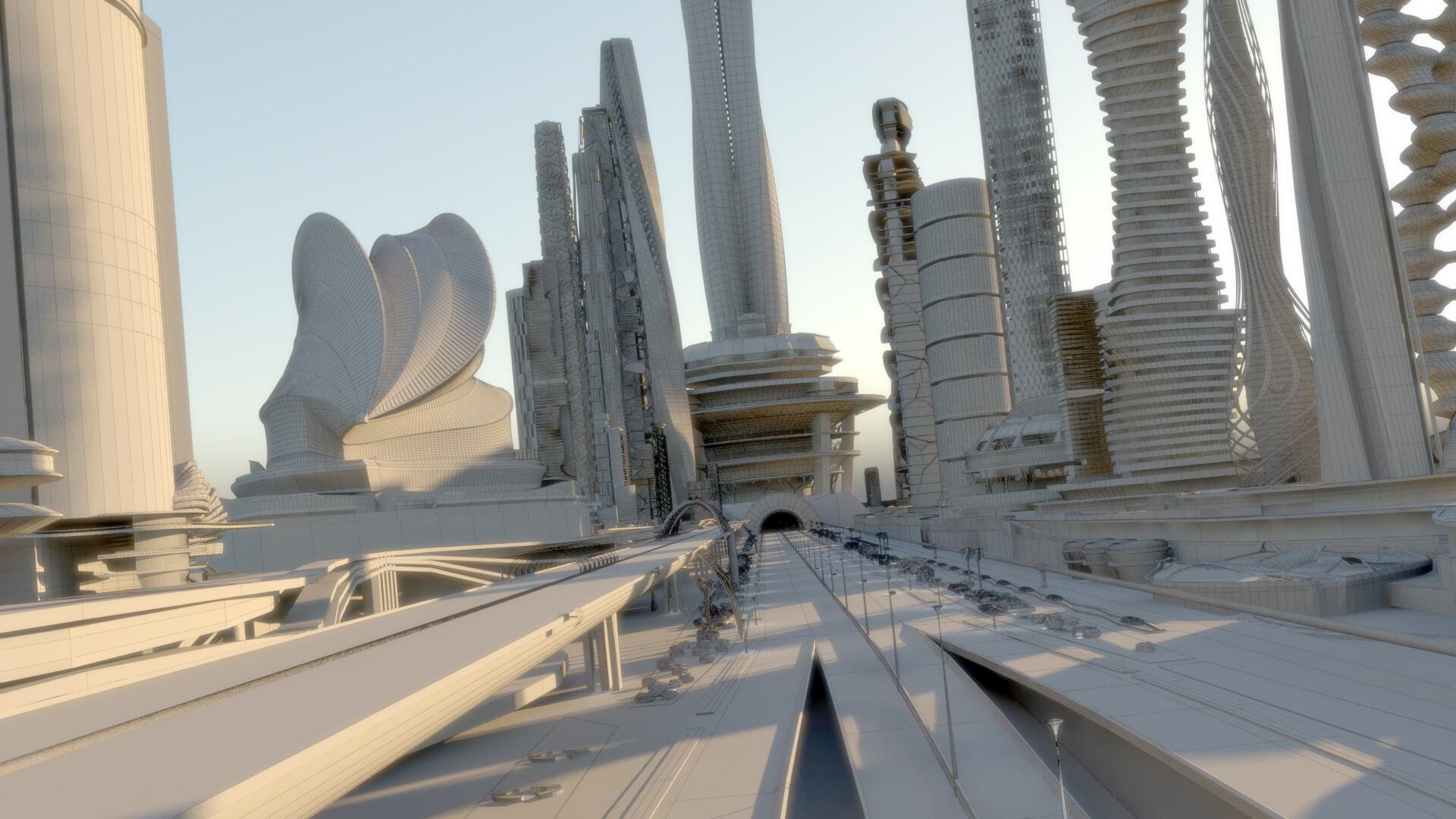 1920x1080 3D Future City. Night. Main Street