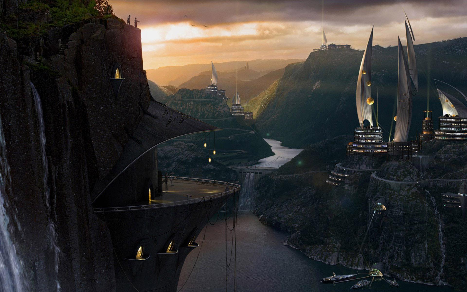 1920x1200 Futuristic city in the valley, river, mountain, future, fantasy wallpaper. Futuristic city in the valley, river