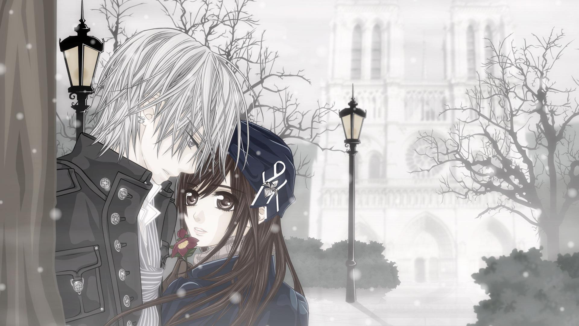 1920x1080 Download wallpaper winter, girl, snow, flowers, anime, vampire, guy, two, date, section shonen in resolution 1920x1080