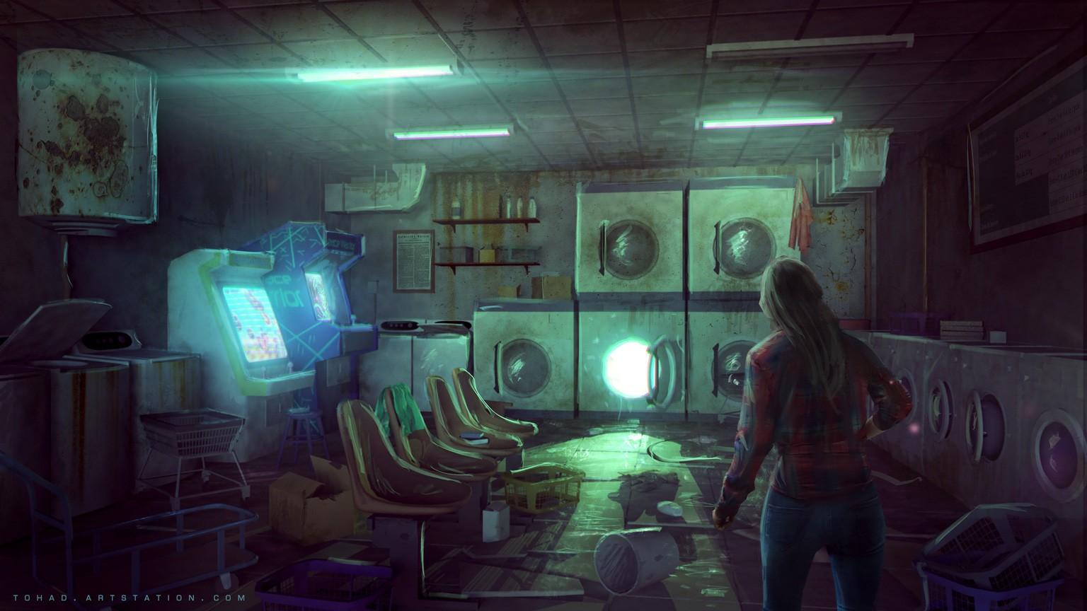 1536x864 Wallpaper / dark, room, ArtStation, arcade, laundry, artwork, washing machine free download